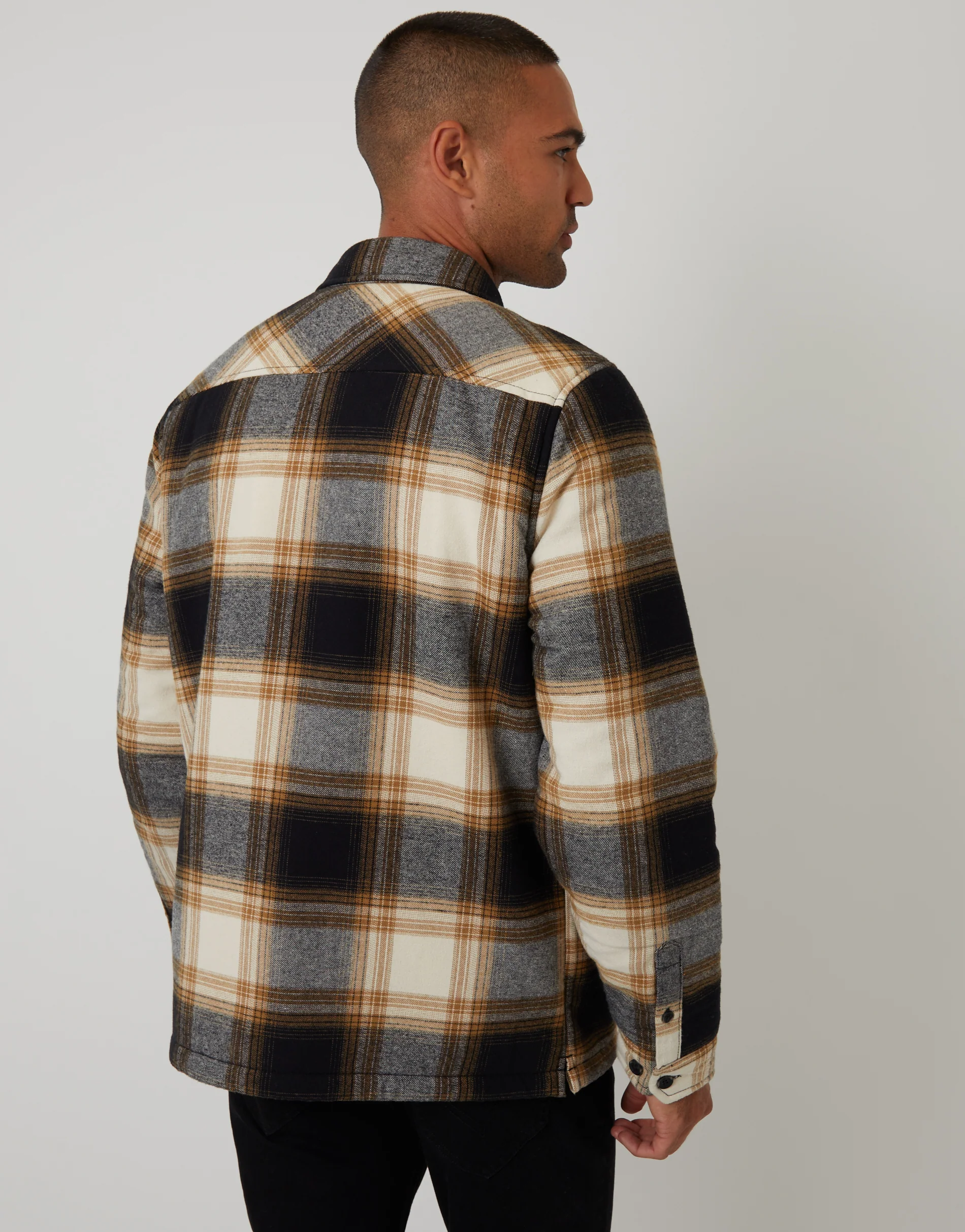 Brushed Borg Lined Shacket in Camel Brown Check - Image 2