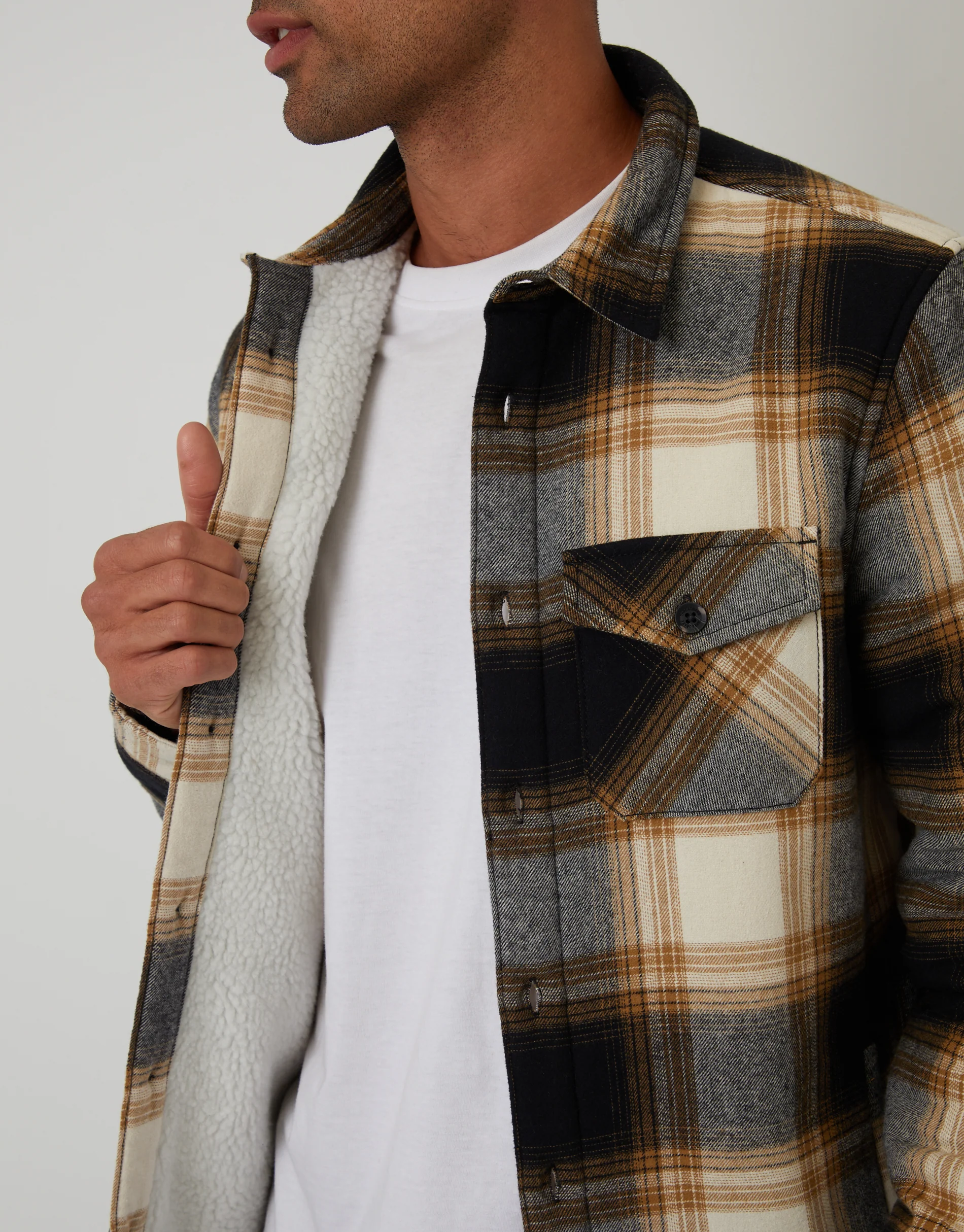 Brushed Borg Lined Shacket in Camel Brown Check - Image 5