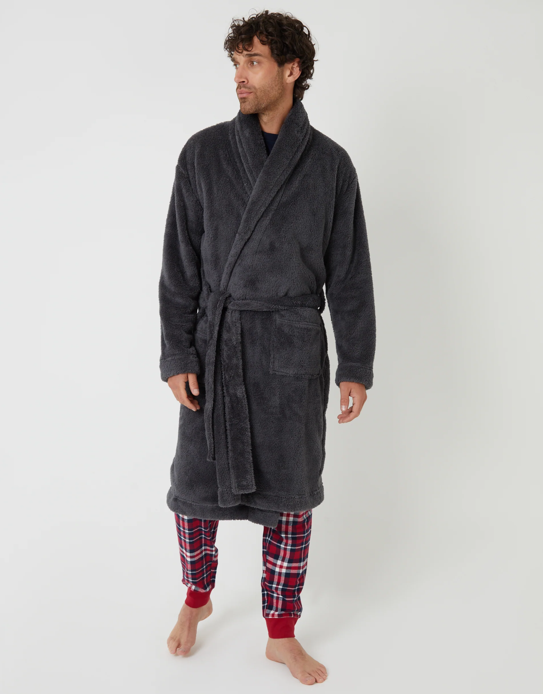 Borg Dressing Gown in Charcoal Grey - Image 3