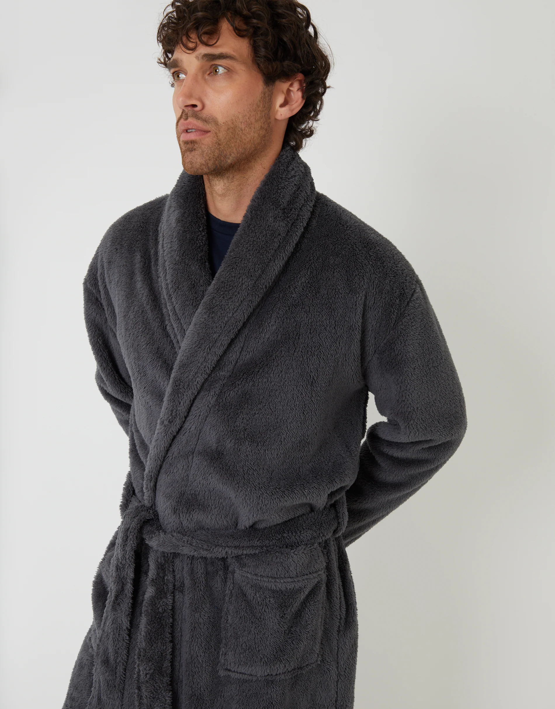 Borg Dressing Gown in Charcoal Grey - Image 4