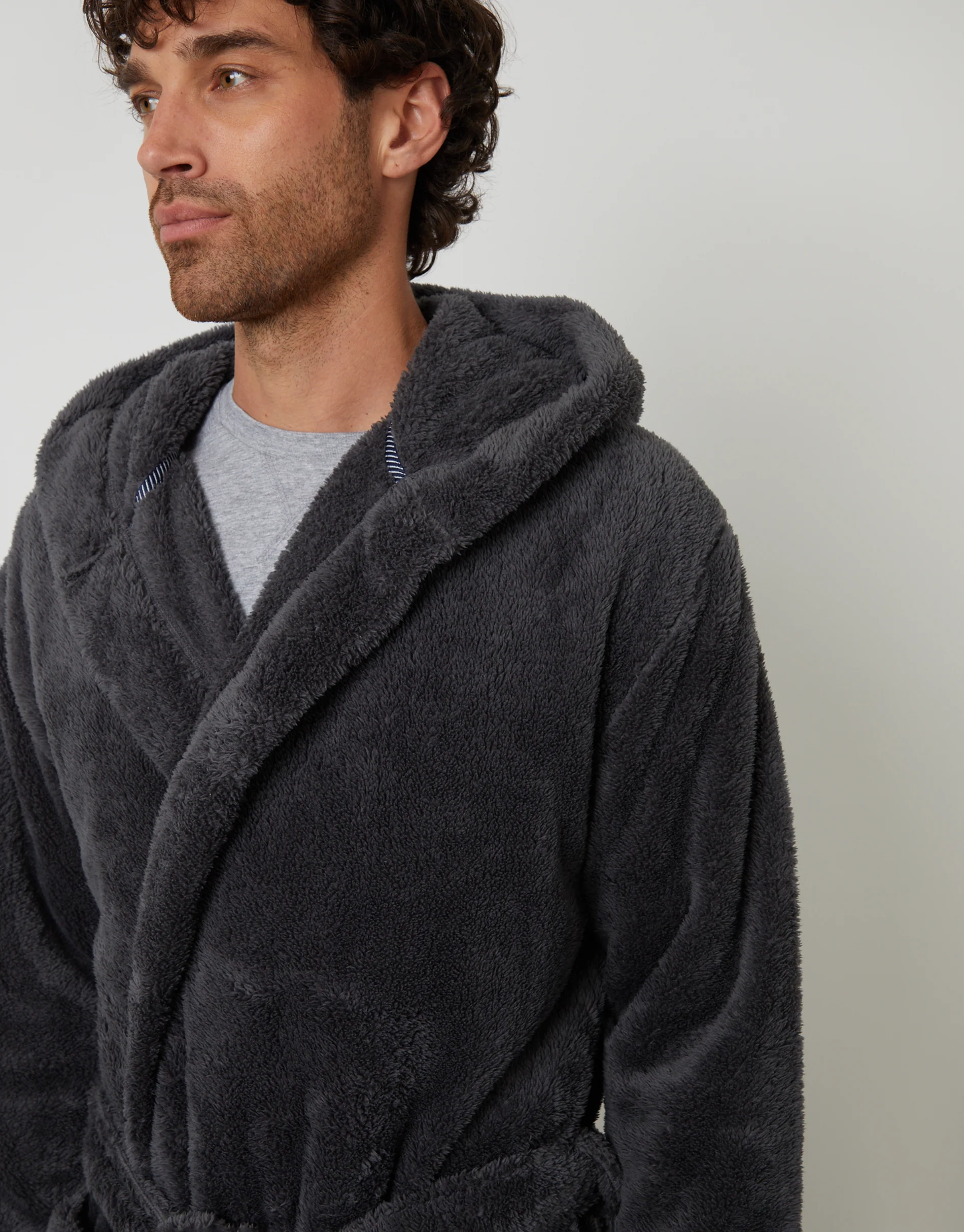 Borg Hooded Dressing Gown in Charcoal Grey - Image 4