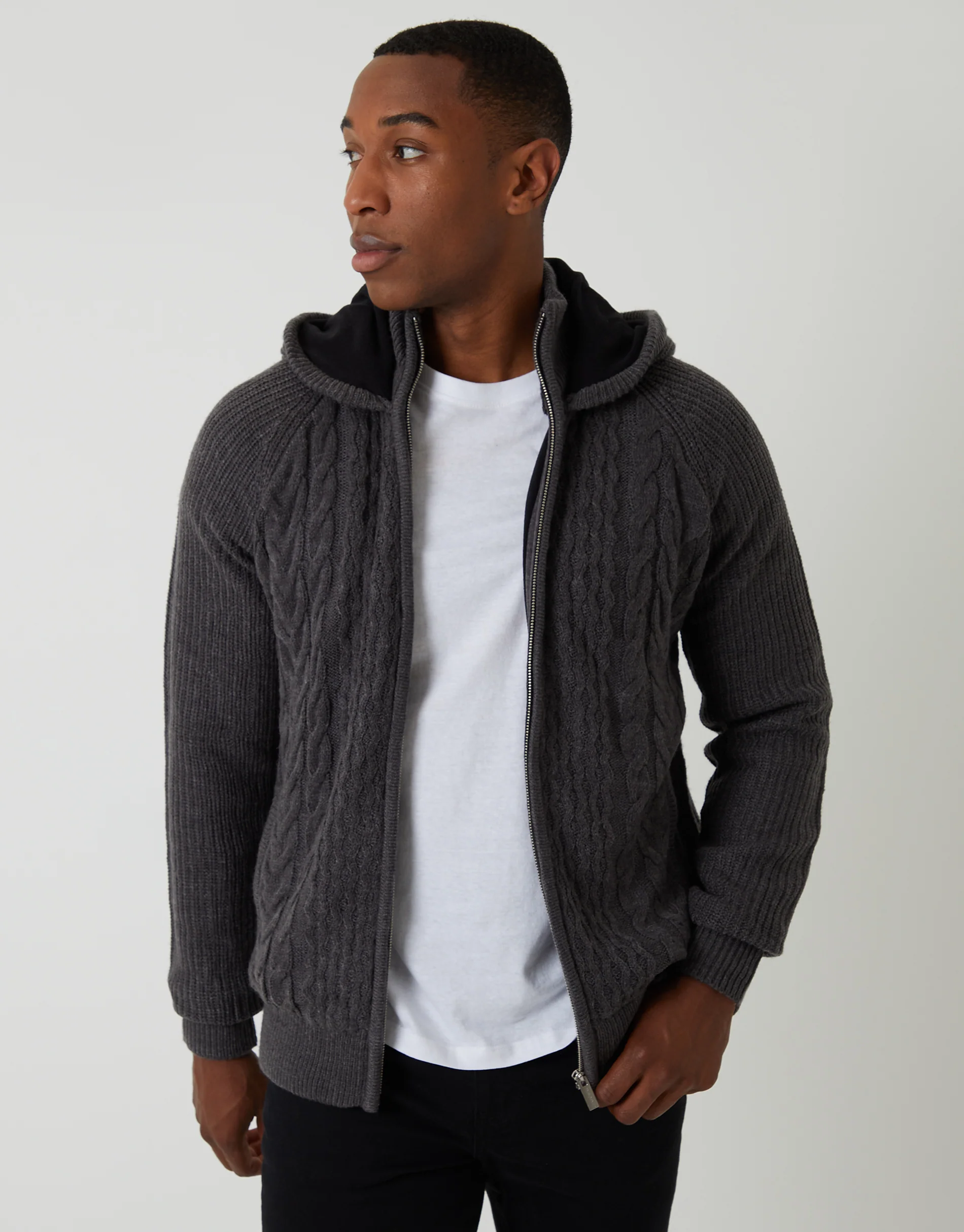 Cable Knit Microfleece Lined Zip Through Hoodie in Charcoal Grey
