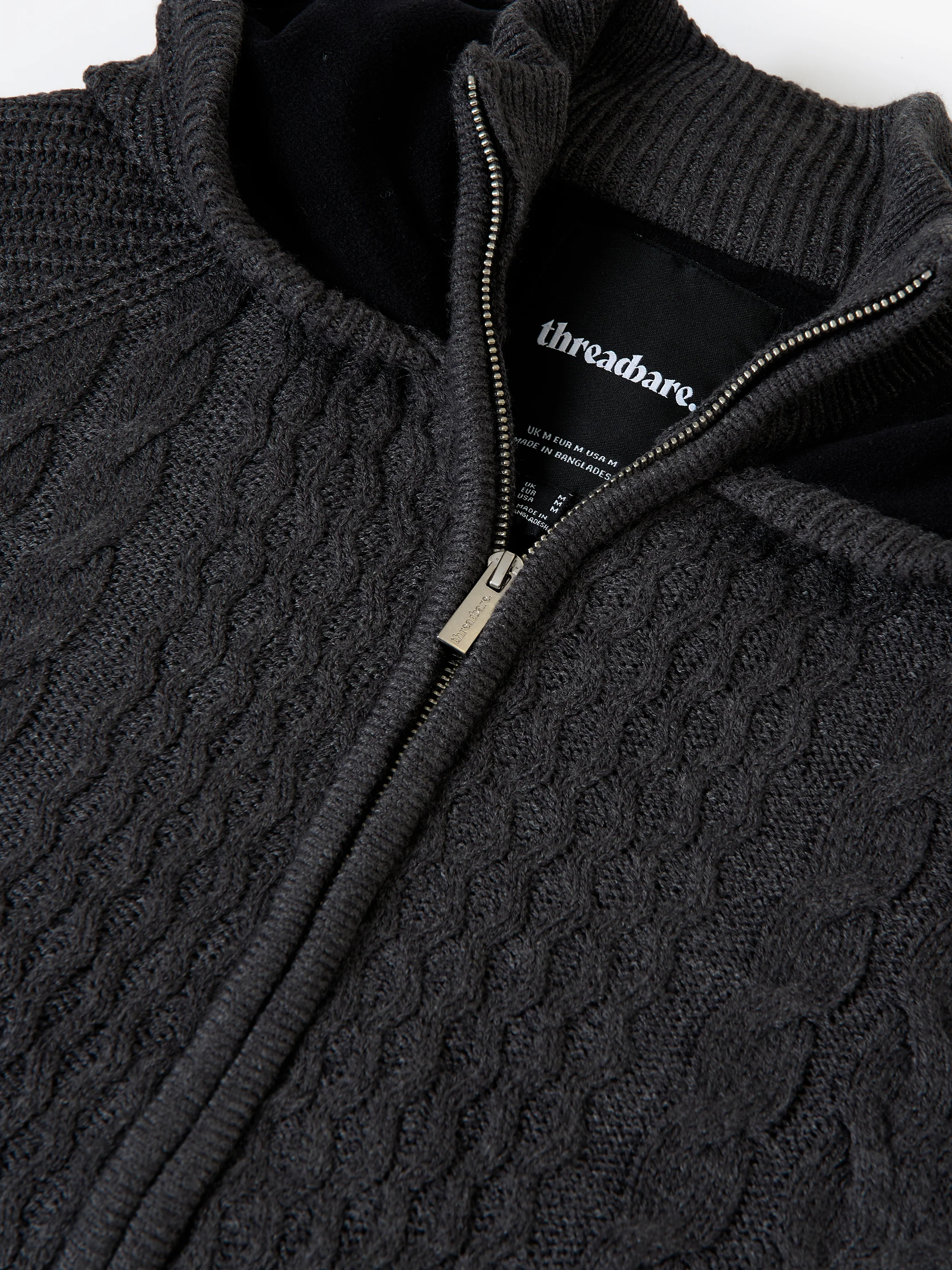 Cable Knit Microfleece Lined Zip Through Hoodie in Charcoal Grey - Image 5