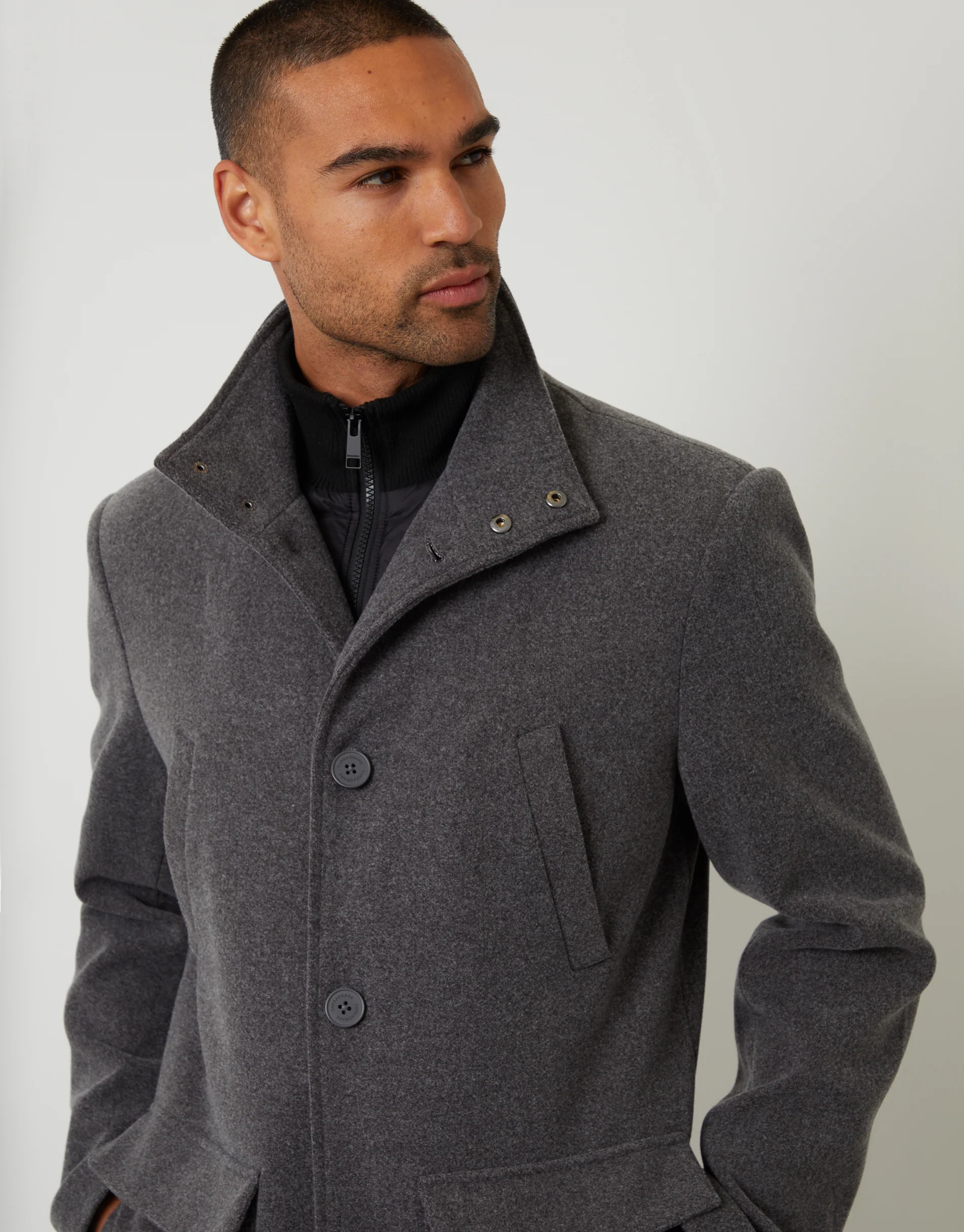 Faux Wool Mock Layer Longline Utility Coat in Charcoal Grey