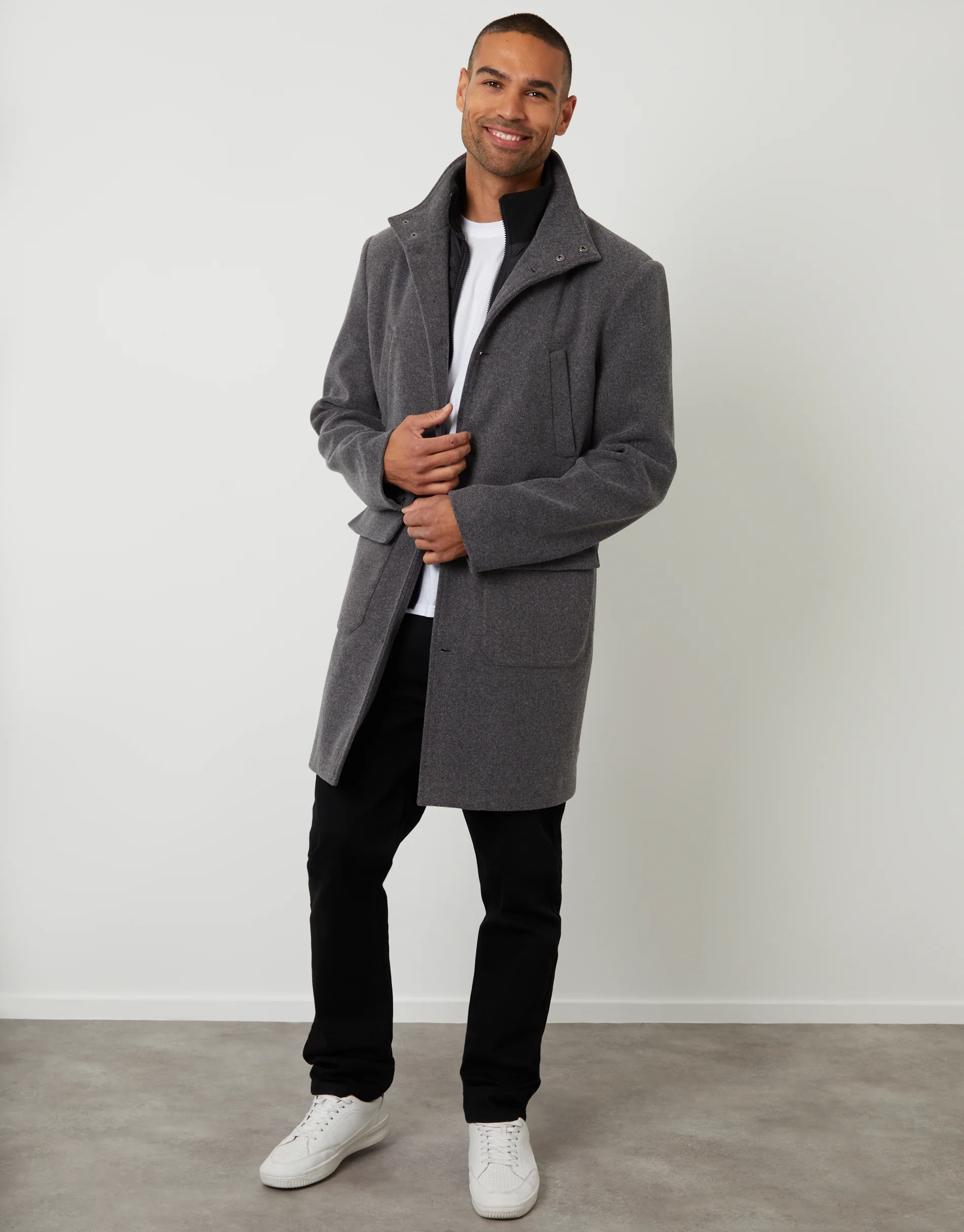 Faux Wool Mock Layer Longline Utility Coat in Charcoal Grey - Image 4