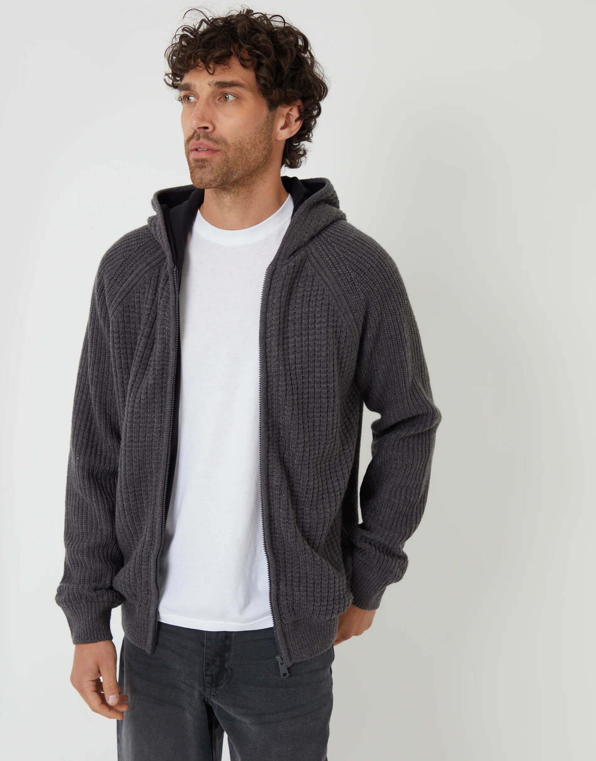 Zip Up Knitted Microfleece Lined Hoodie in Charcoal Grey Marl