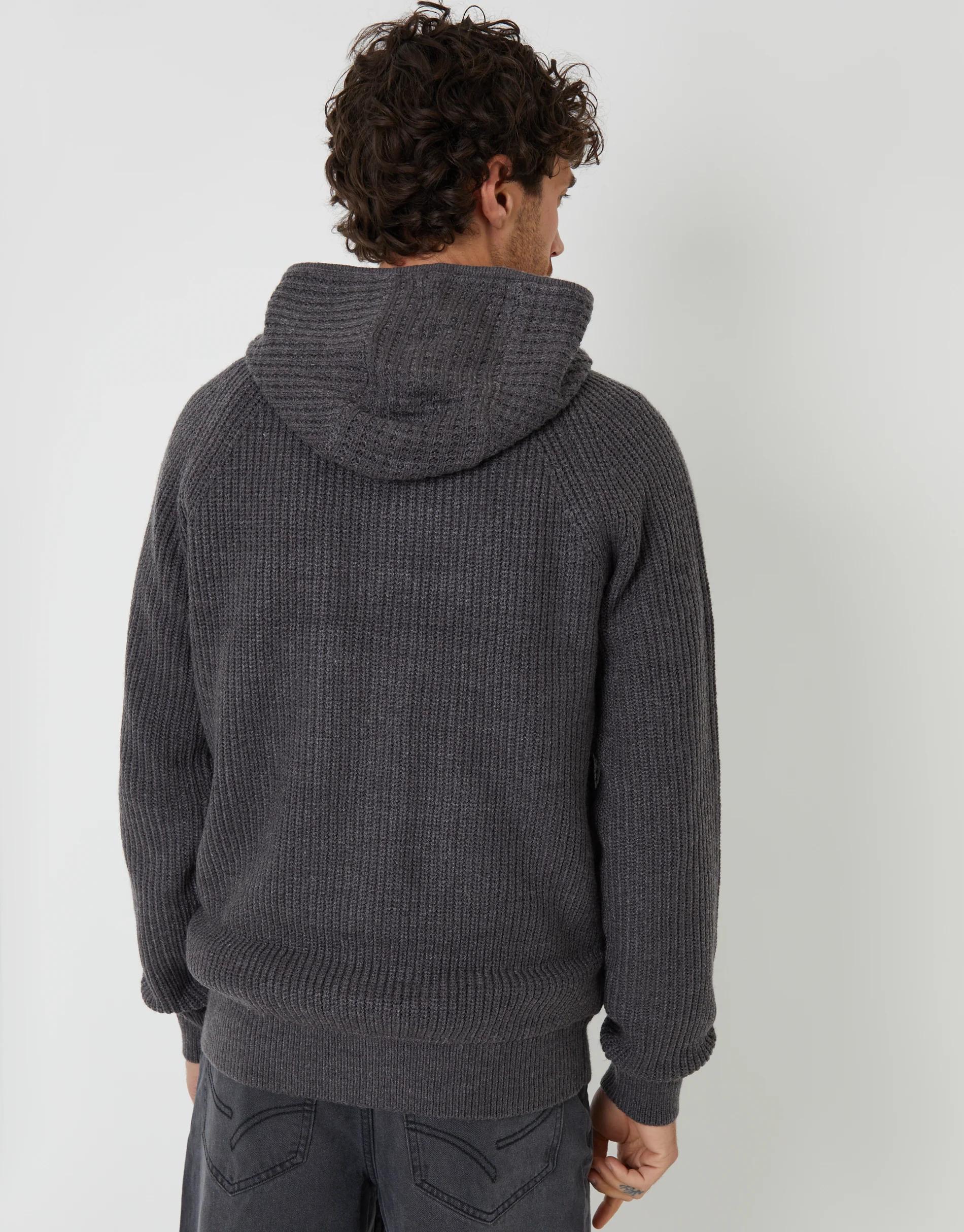 Zip Up Knitted Microfleece Lined Hoodie in Charcoal Grey Marl - Image 2