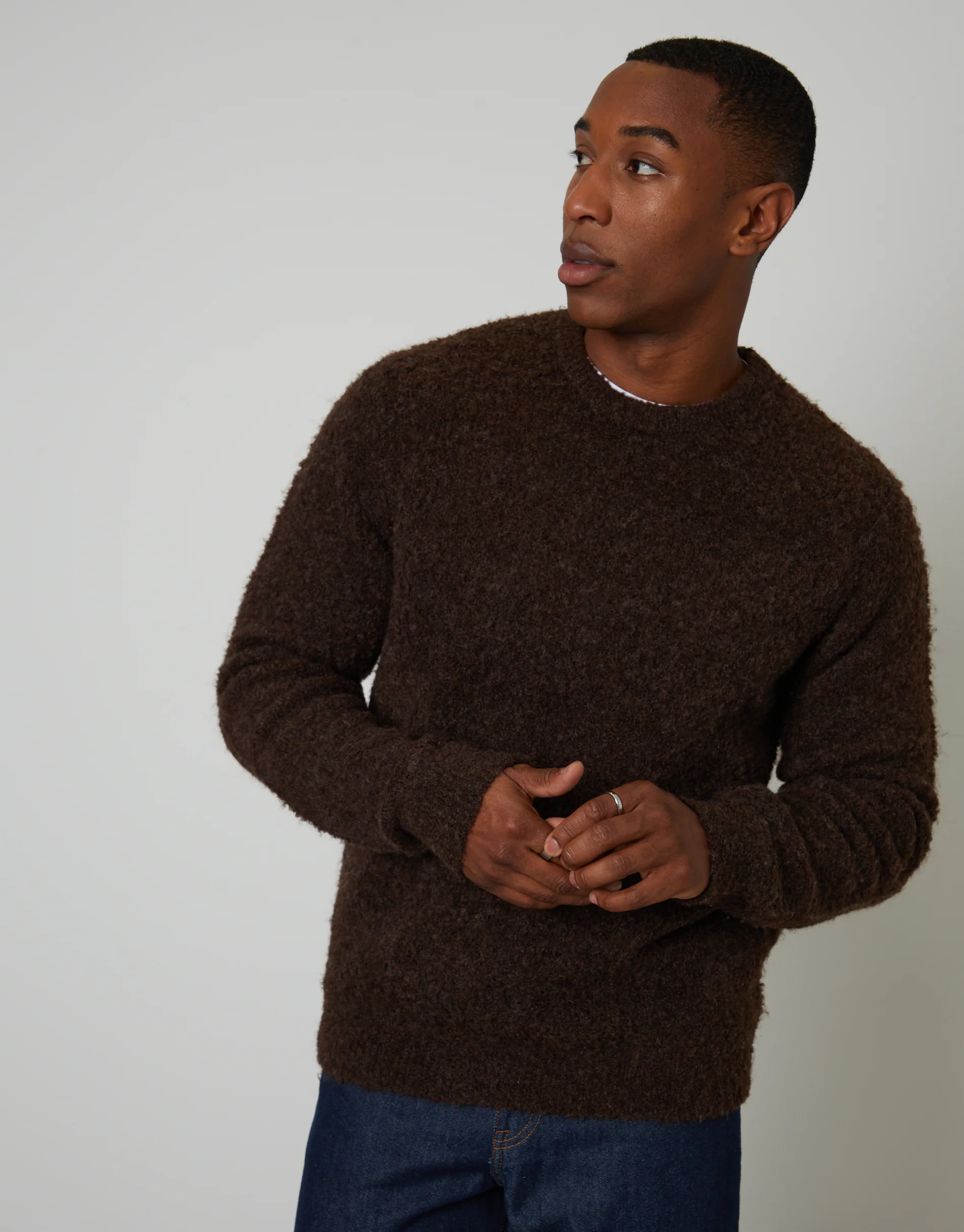 Fluffy Knitted Crew Neck Jumper in Chocolate Brown