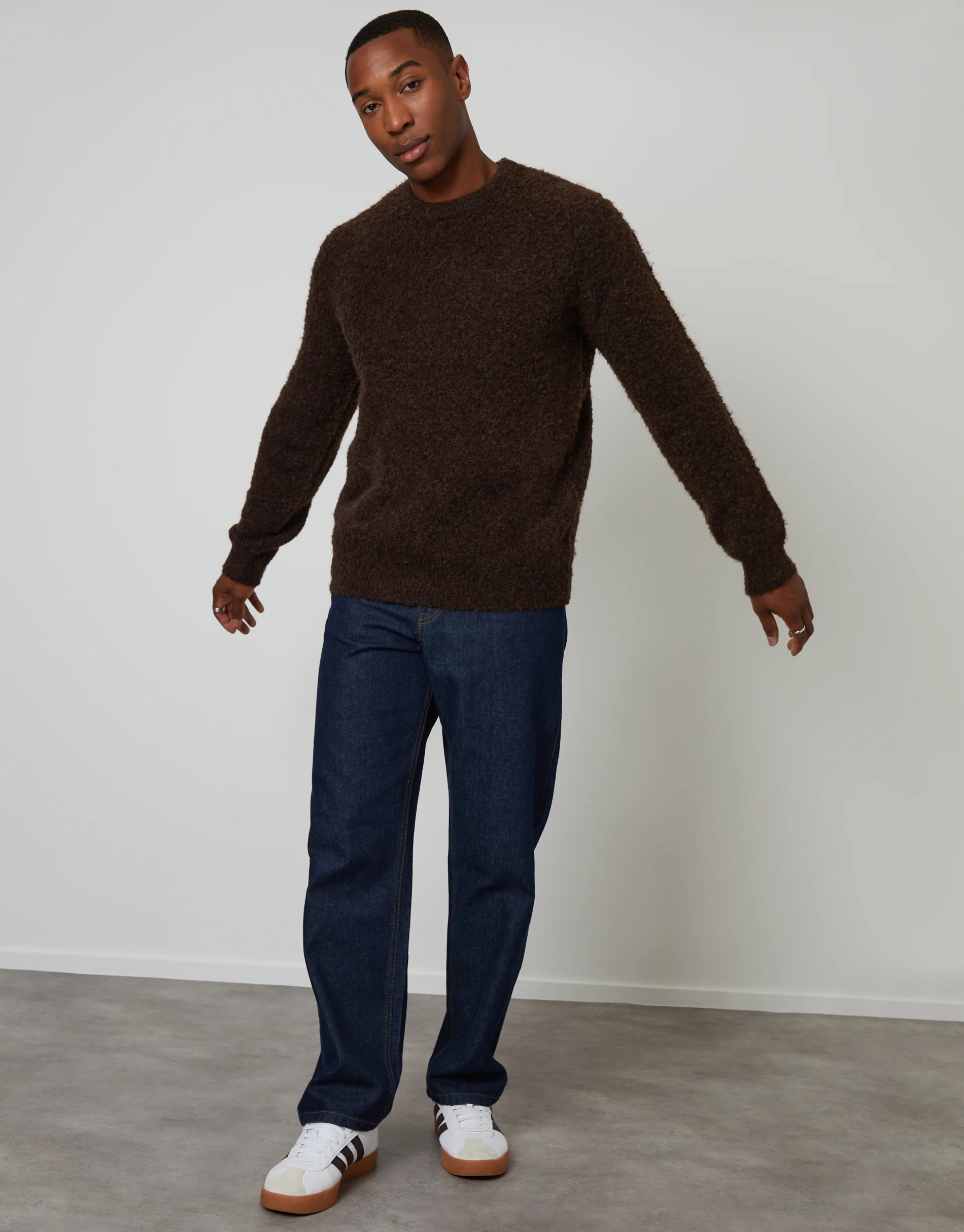 Fluffy Knitted Crew Neck Jumper in Chocolate Brown - Image 3