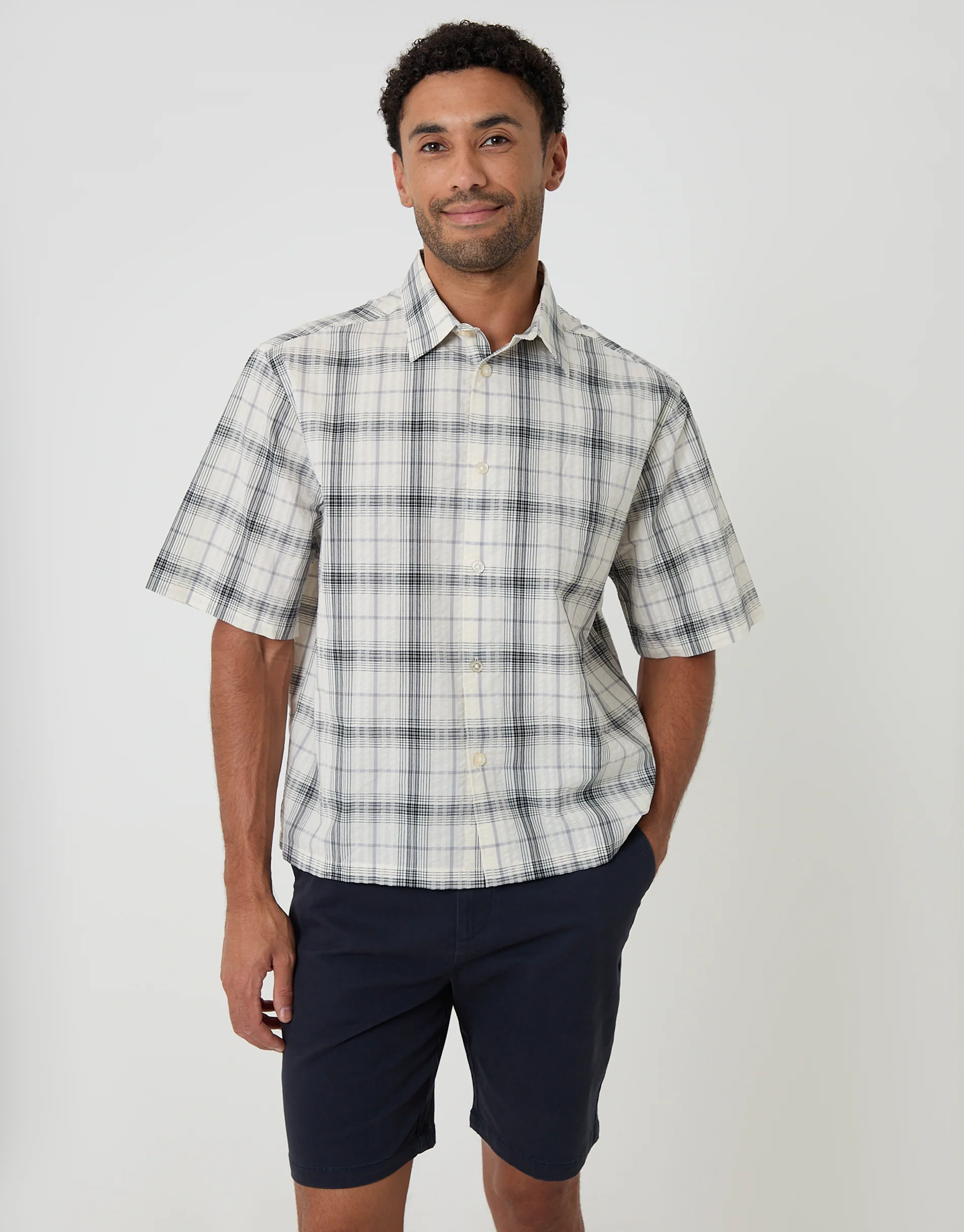Boxy Fit Short Sleeve Shirt in Cream Check