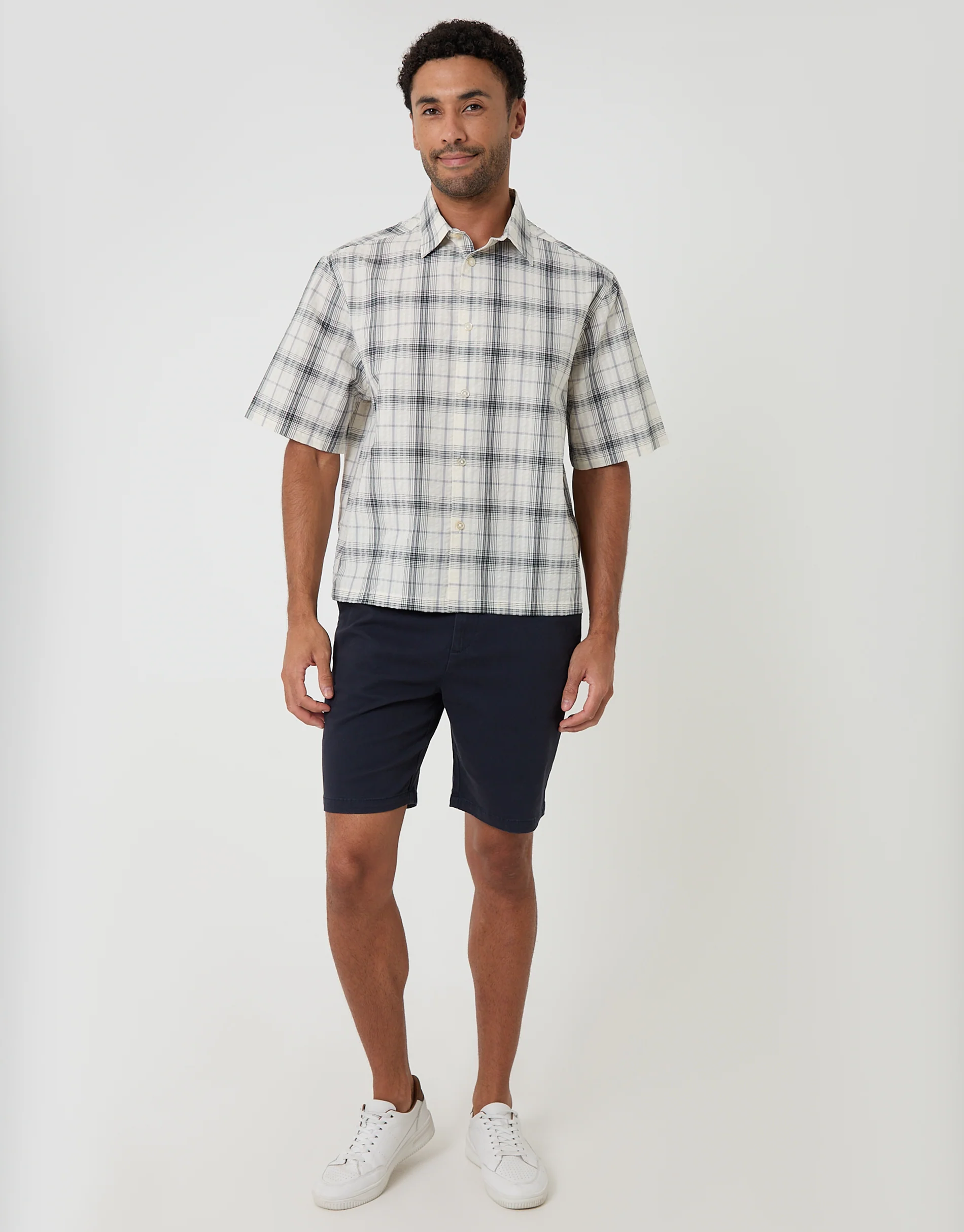 Boxy Fit Short Sleeve Shirt in Cream Check - Image 3