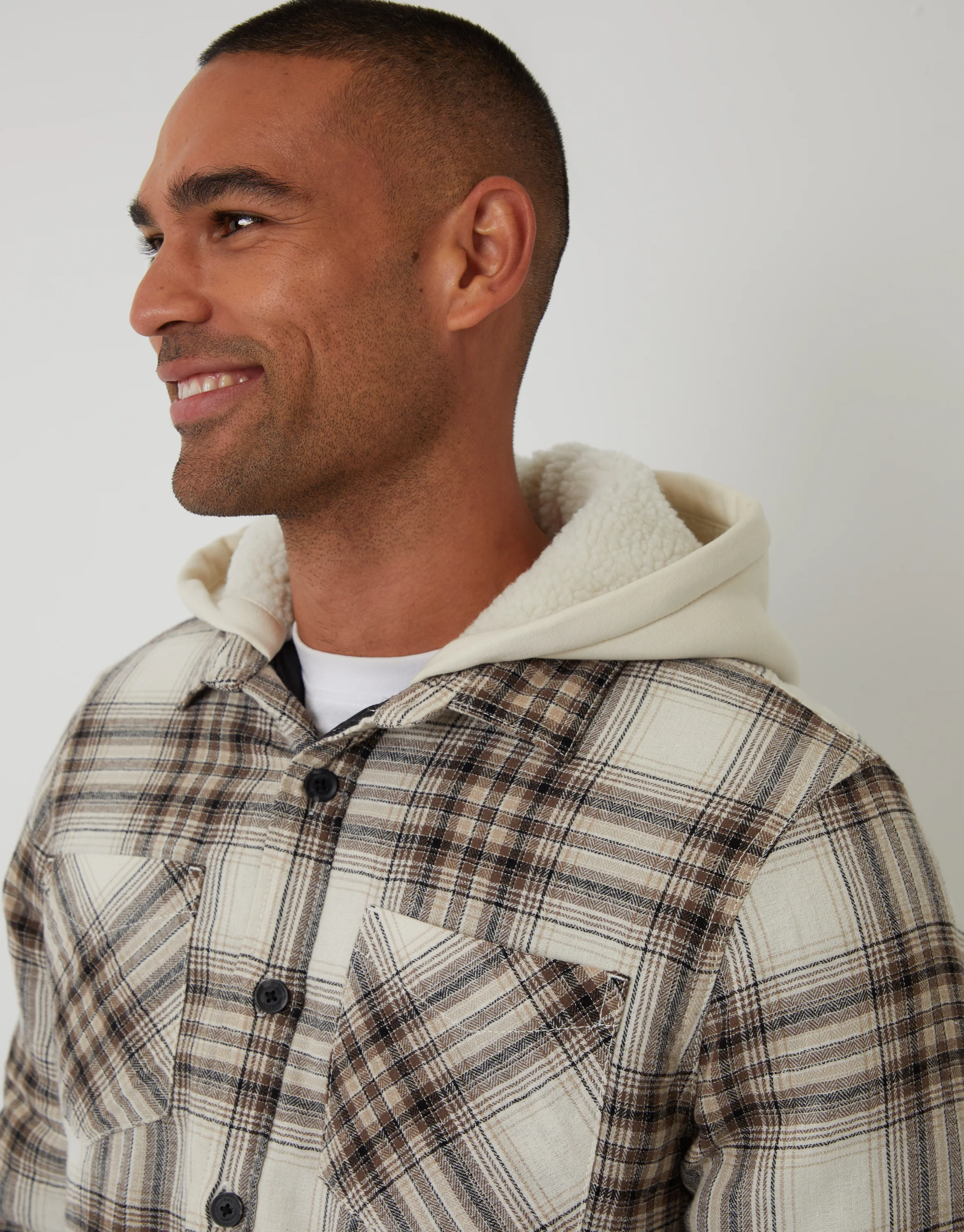Quilted Shacket with Borg Lined Hood in Cream Check - Image 4