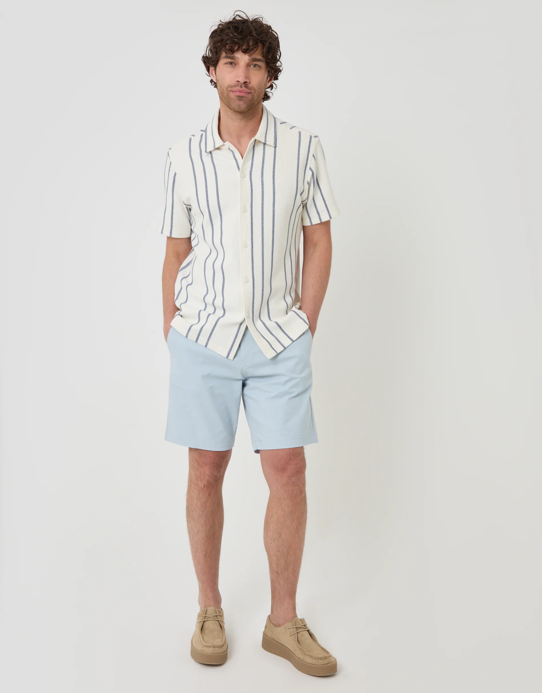 Plisse Rib Short Sleeve Shirt in Cream Stripe - Image 4