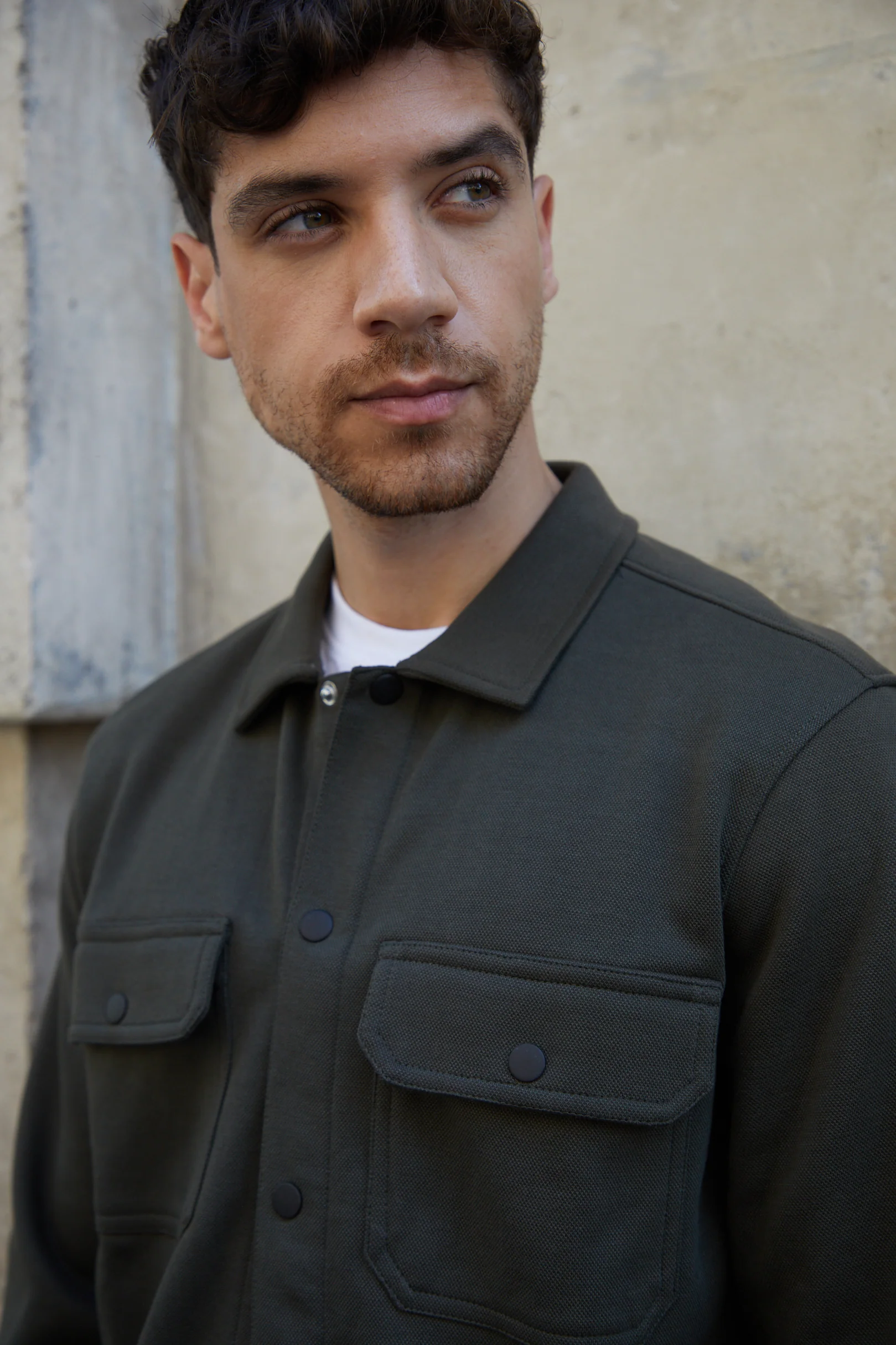 Pique Popper Fastening Shacket in Dark Green