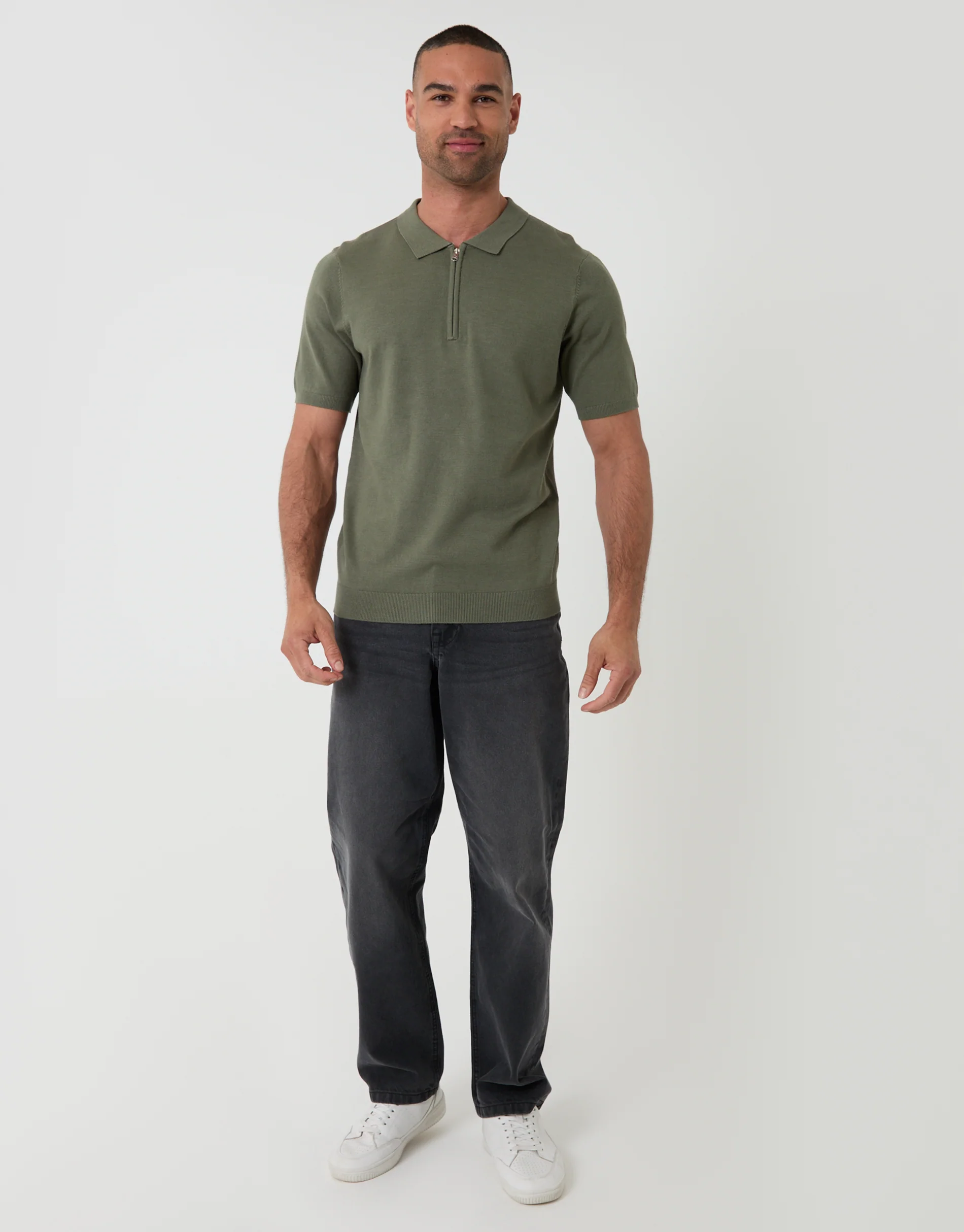 Green Quarter Zip Knitted Polo in Dark Sage Green - Image 3