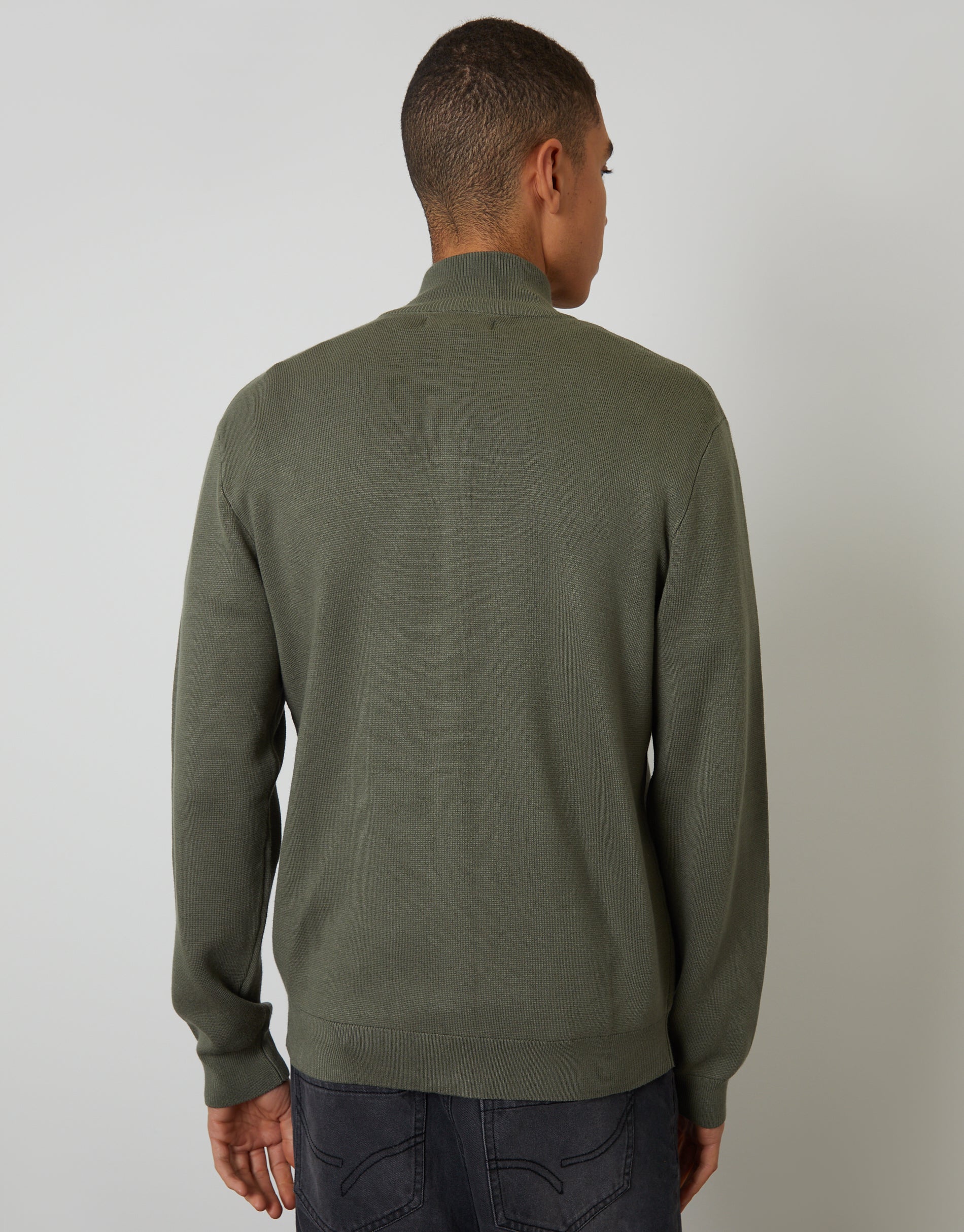 Zip-Through Funnel Neck Knitted Cardigan in Dark Sage Green - Image 2