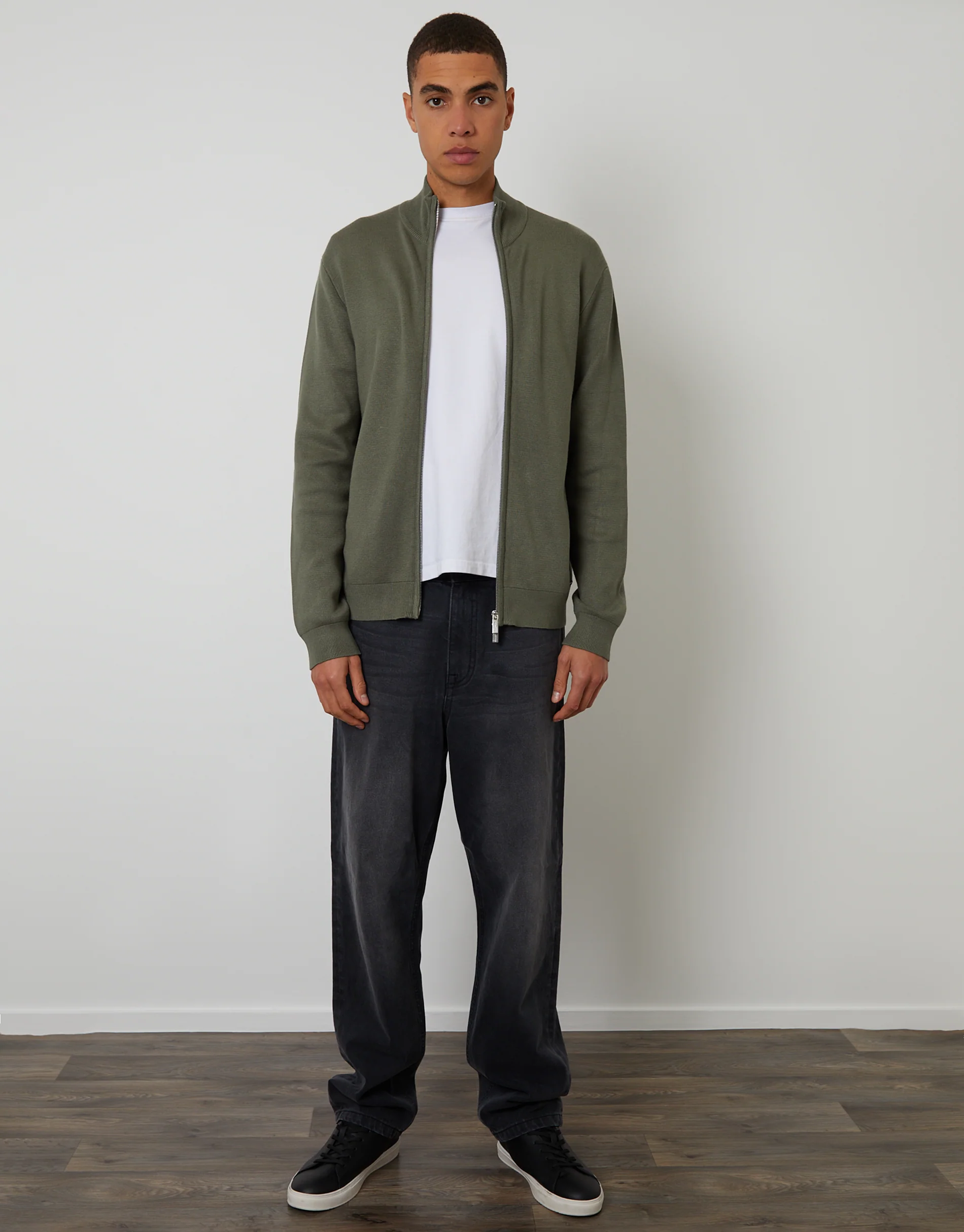 Zip-Through Funnel Neck Knitted Cardigan in Dark Sage Green - Image 3