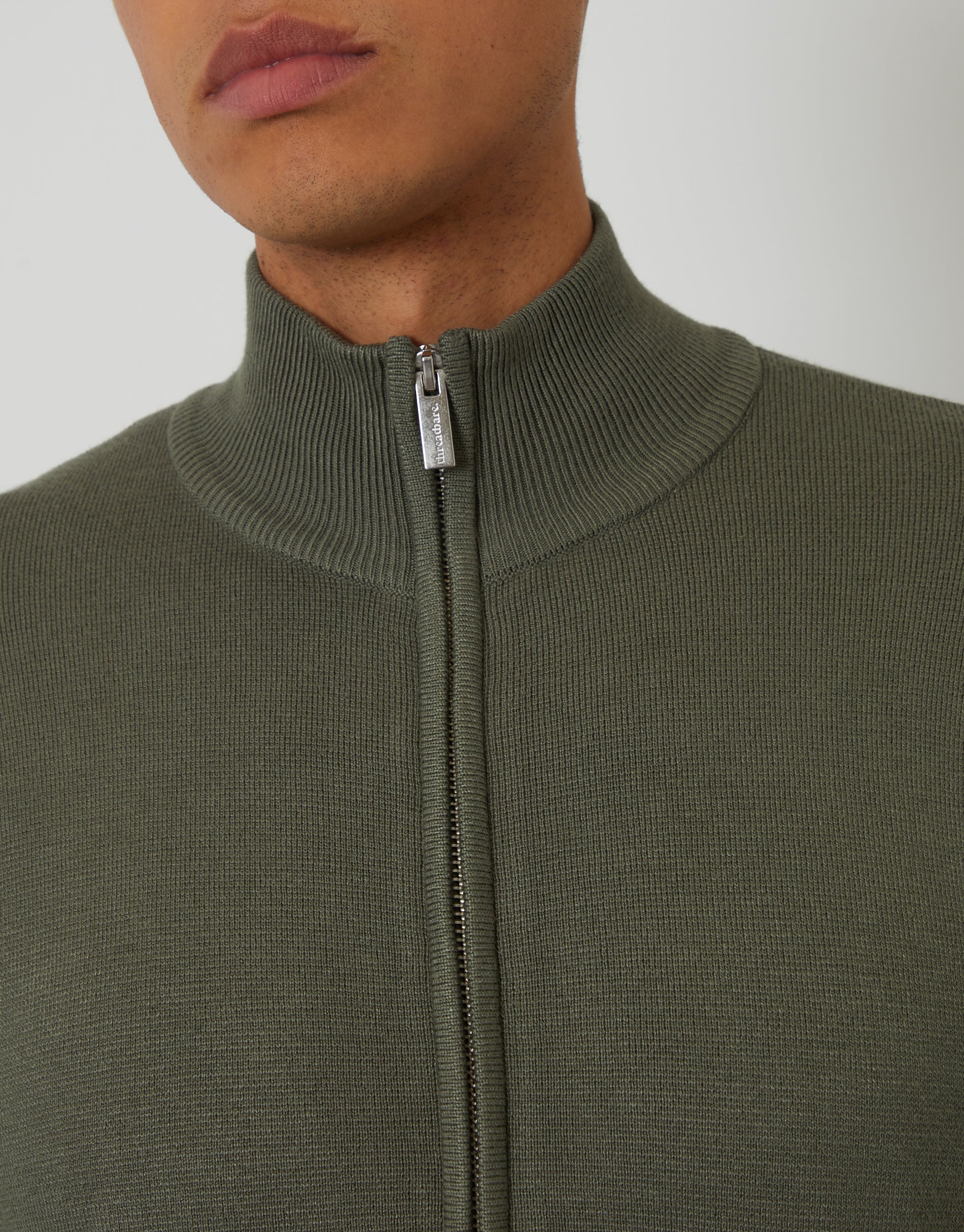 Zip-Through Funnel Neck Knitted Cardigan in Dark Sage Green - Image 4