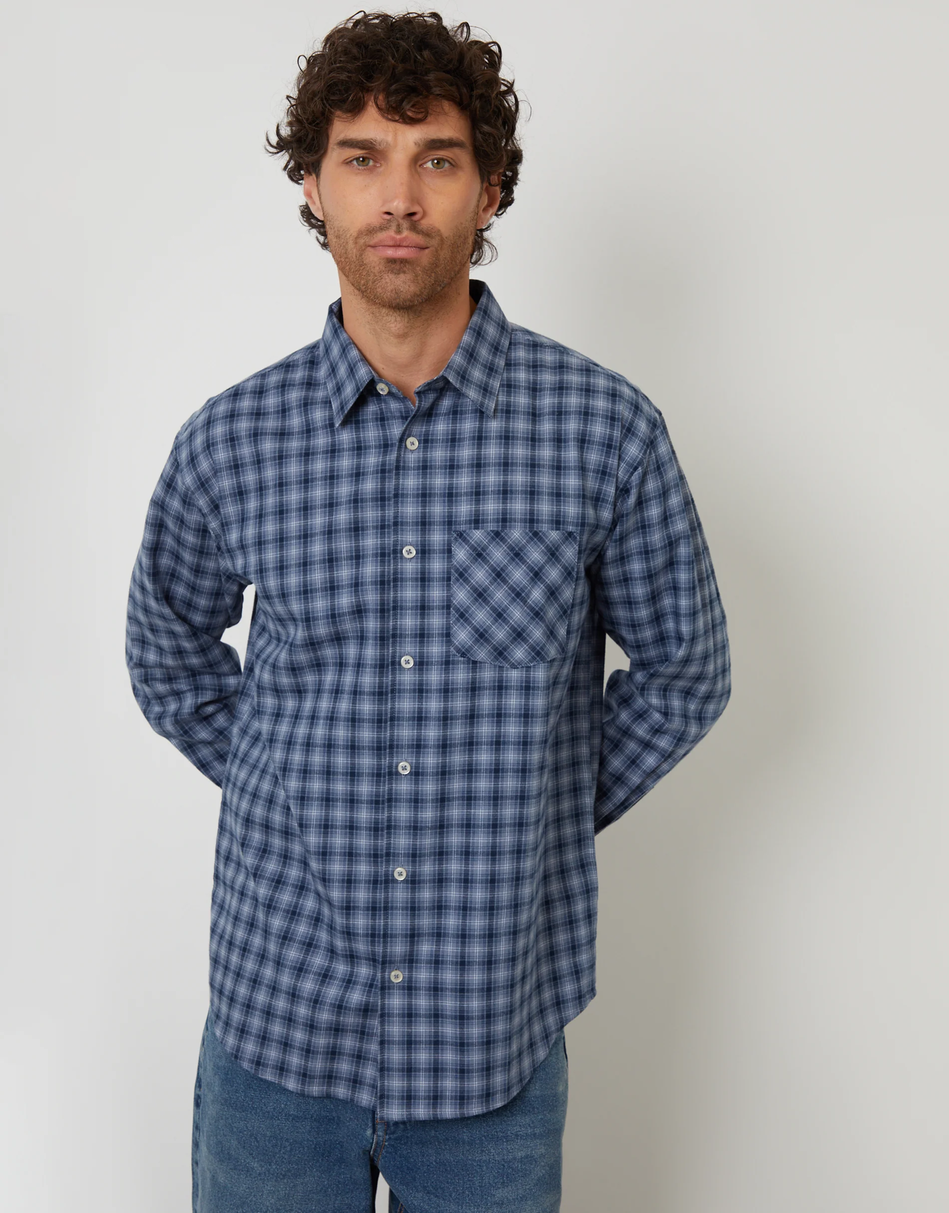 Relaxed Fit Brushed Flannel Shirt in Denim Blue Check