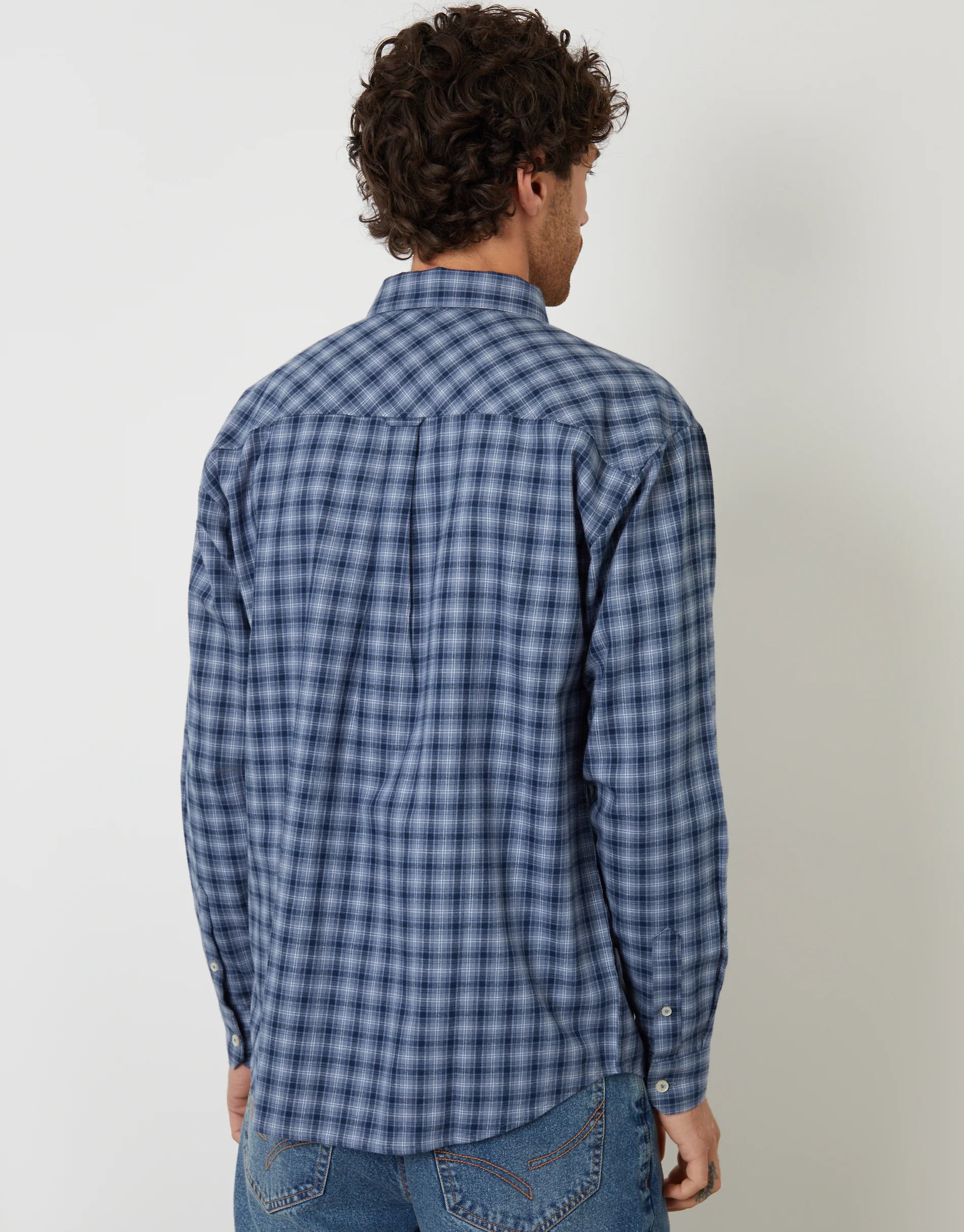 Relaxed Fit Brushed Flannel Shirt in Denim Blue Check - Image 2