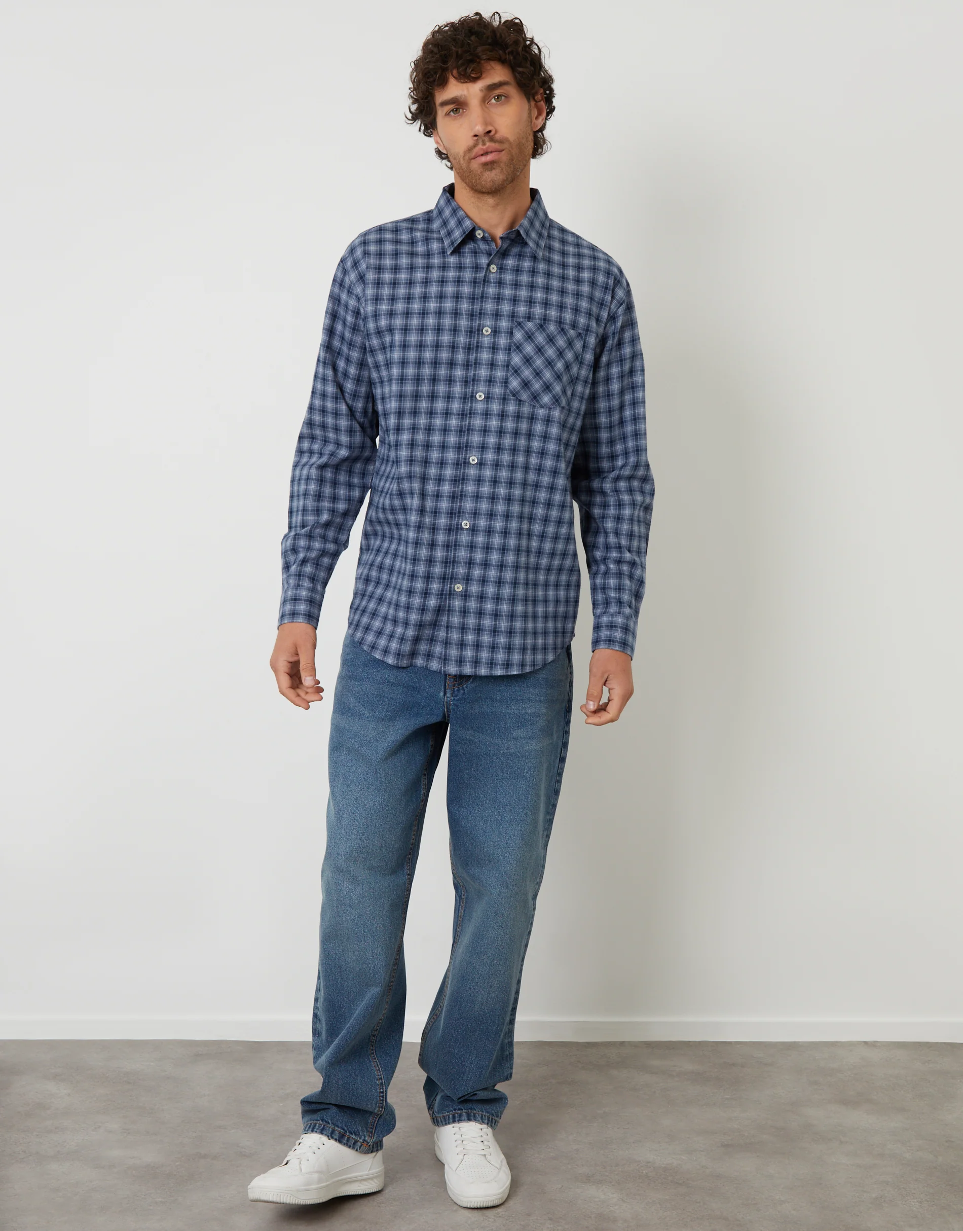 Relaxed Fit Brushed Flannel Shirt in Denim Blue Check - Image 3