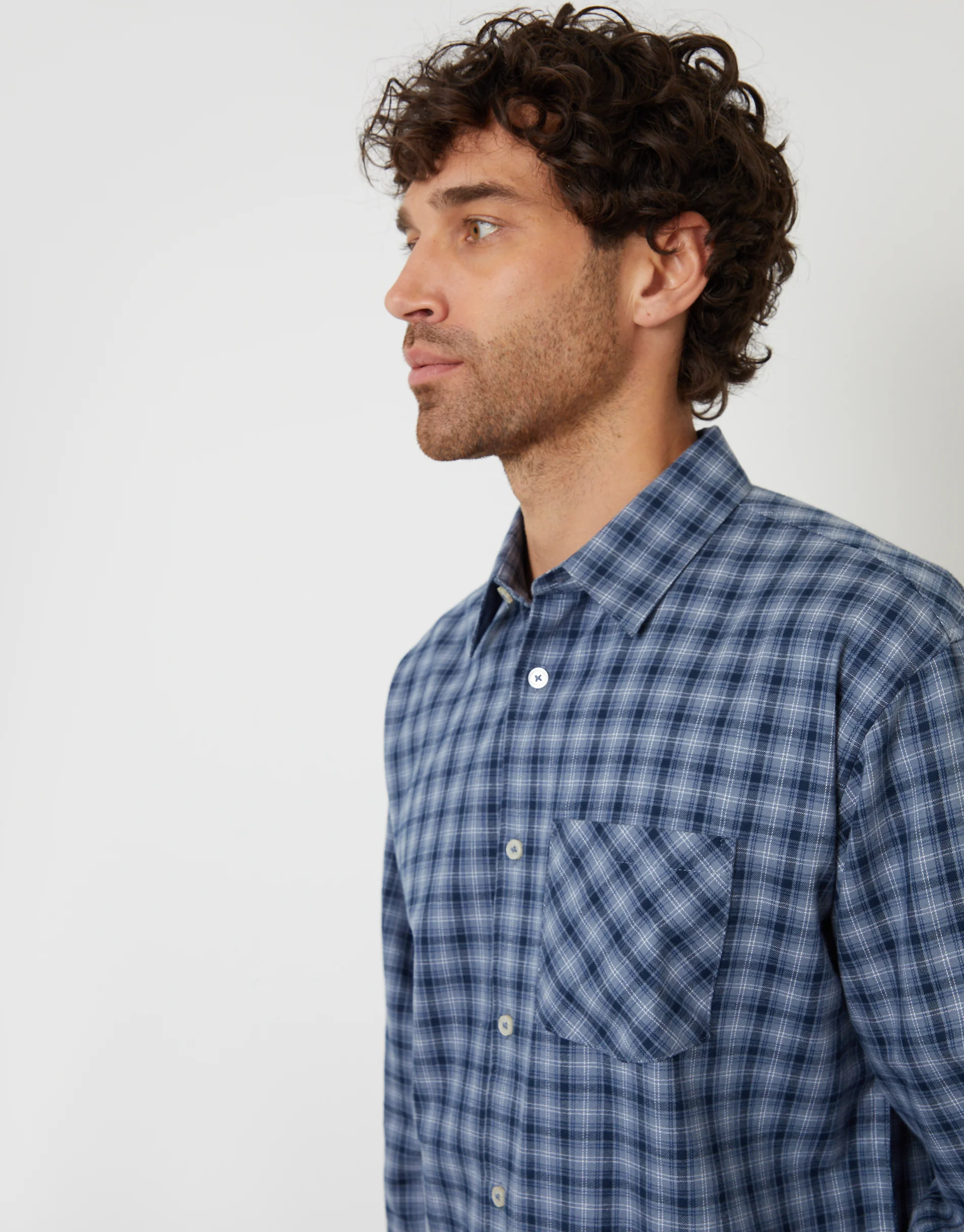 Relaxed Fit Brushed Flannel Shirt in Denim Blue Check - Image 4