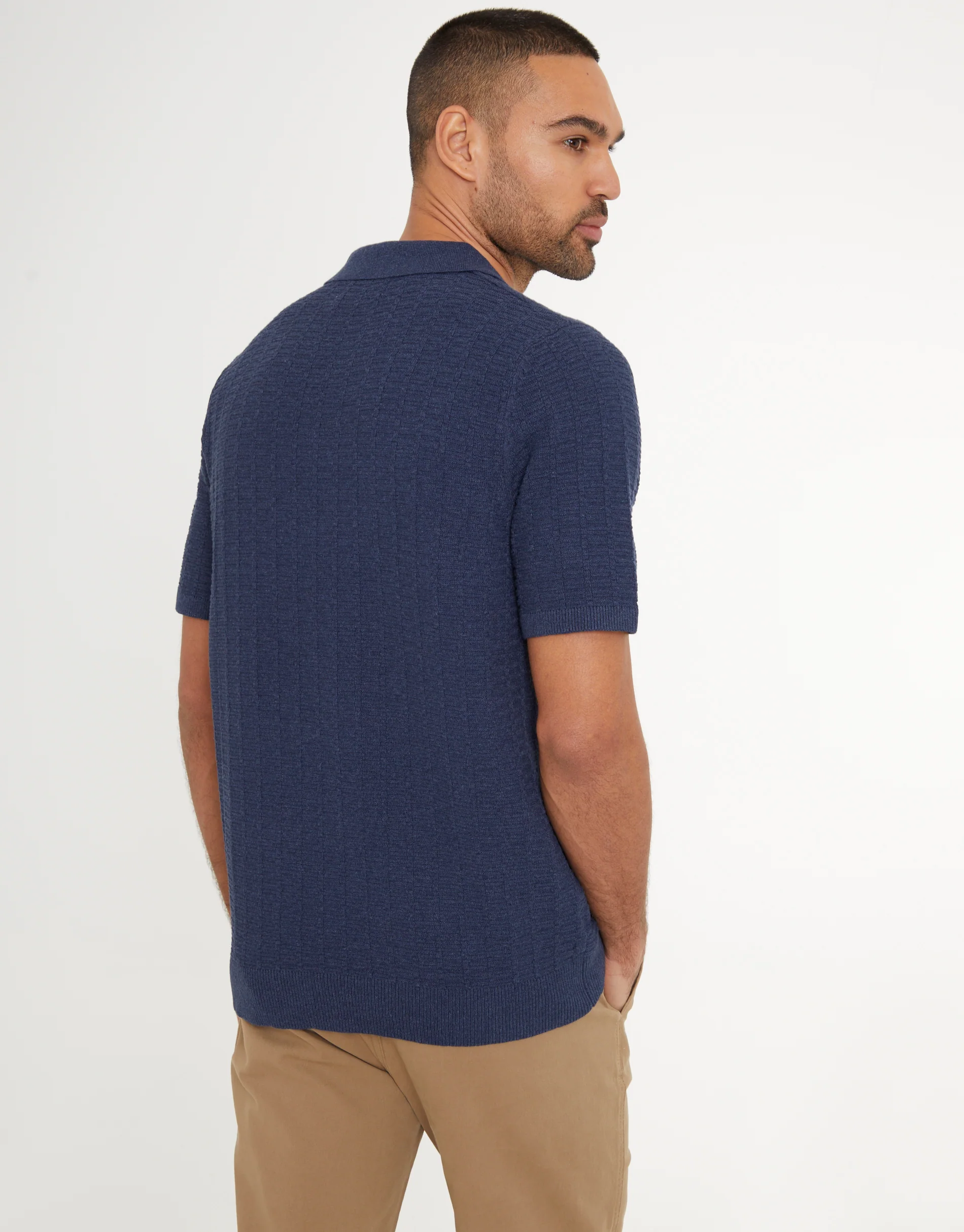 Button Collar Textured Knit Polo in Denim Blue - Image 2