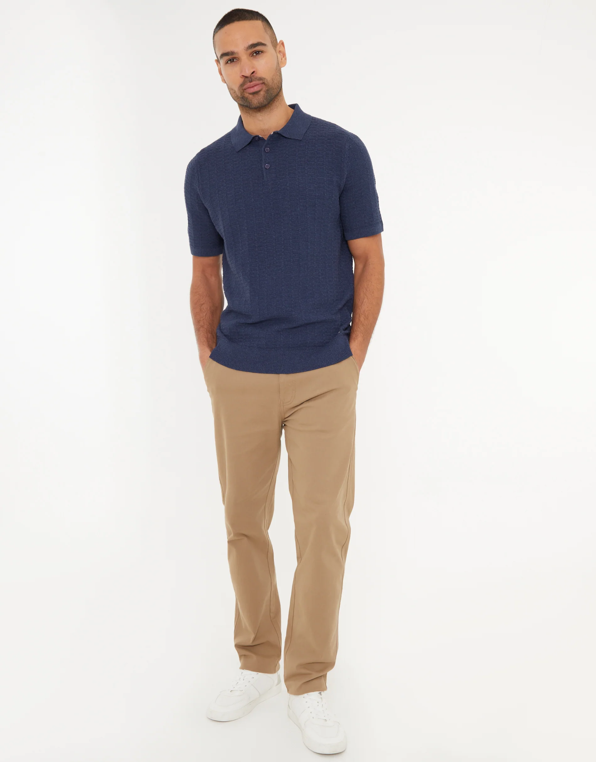 Button Collar Textured Knit Polo in Denim Blue - Image 3