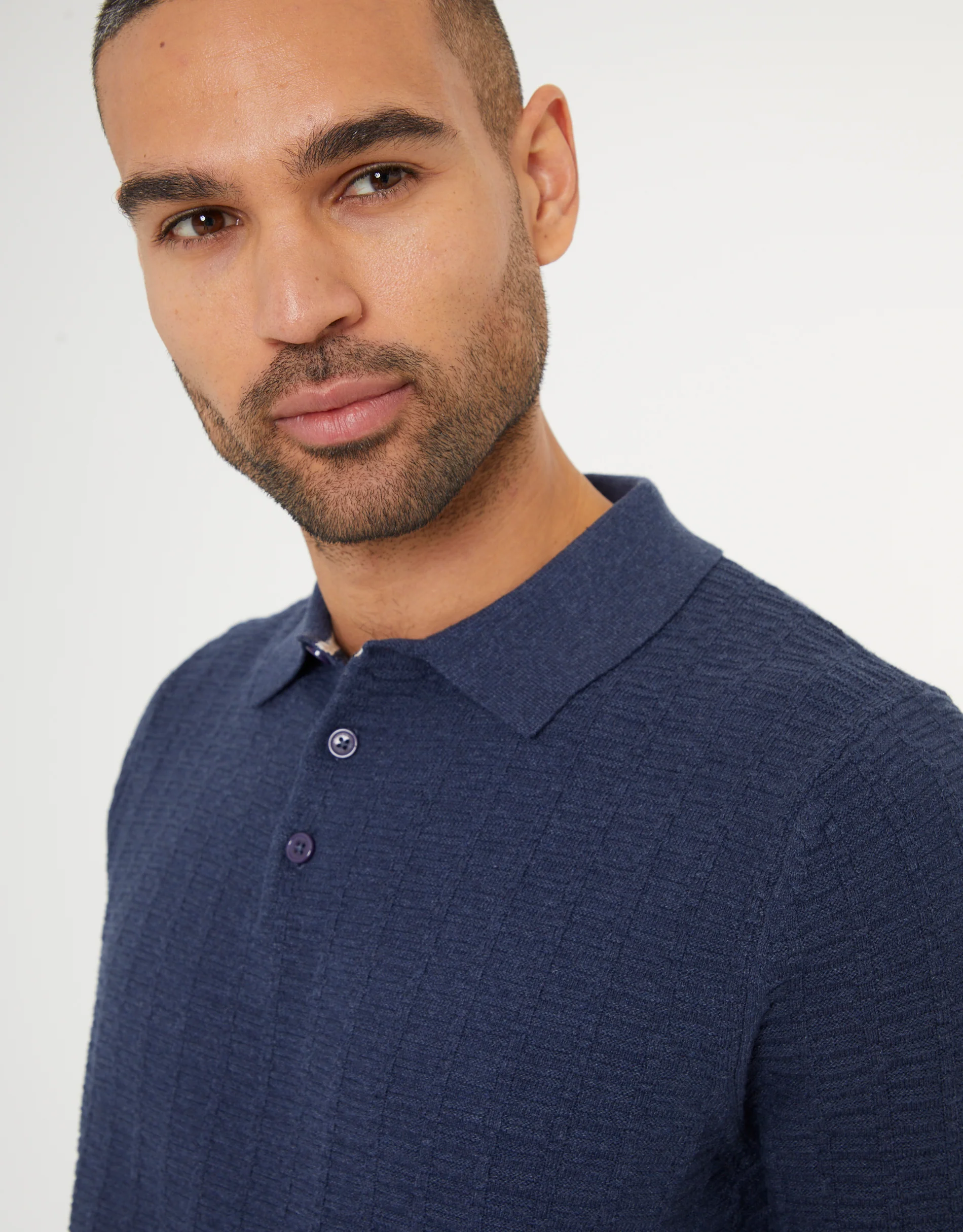 Button Collar Textured Knit Polo in Denim Blue - Image 4