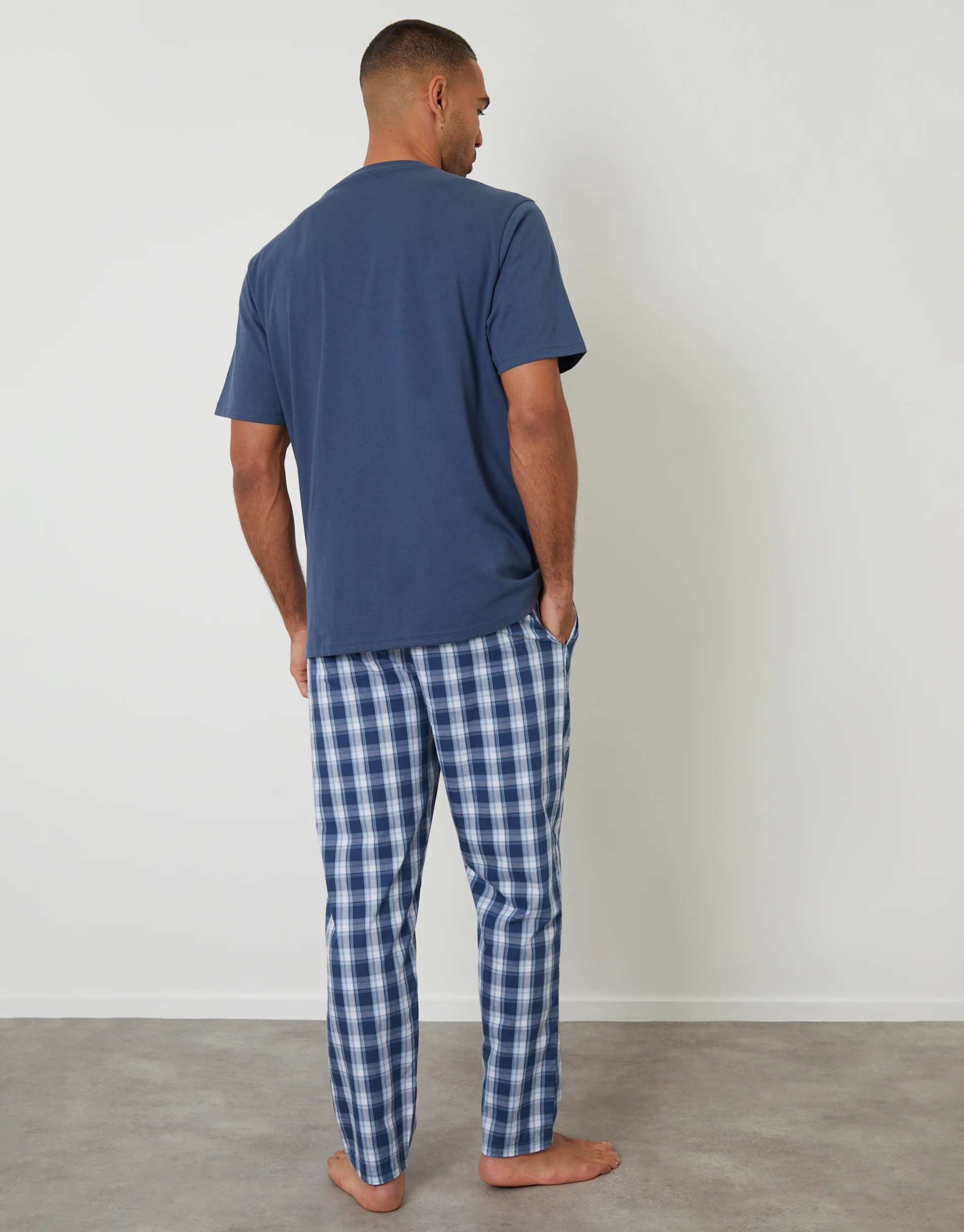 Relaxed Fit T-Shirt & Bottoms Pyjama Set in Denim Blue Check - Image 3
