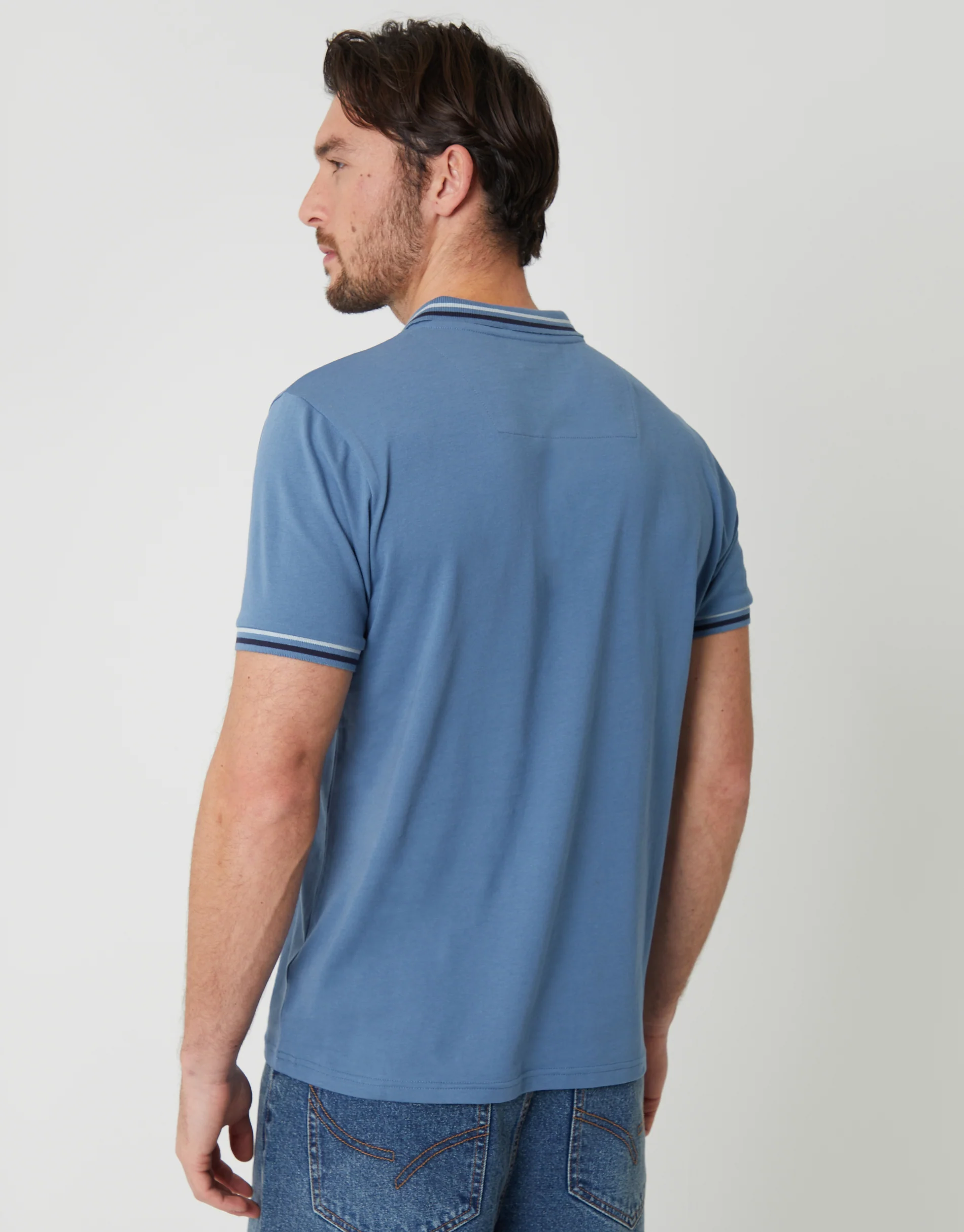 Contrast Tipping Hidden Placket Polo Shirt in Denim Blue - Image 2