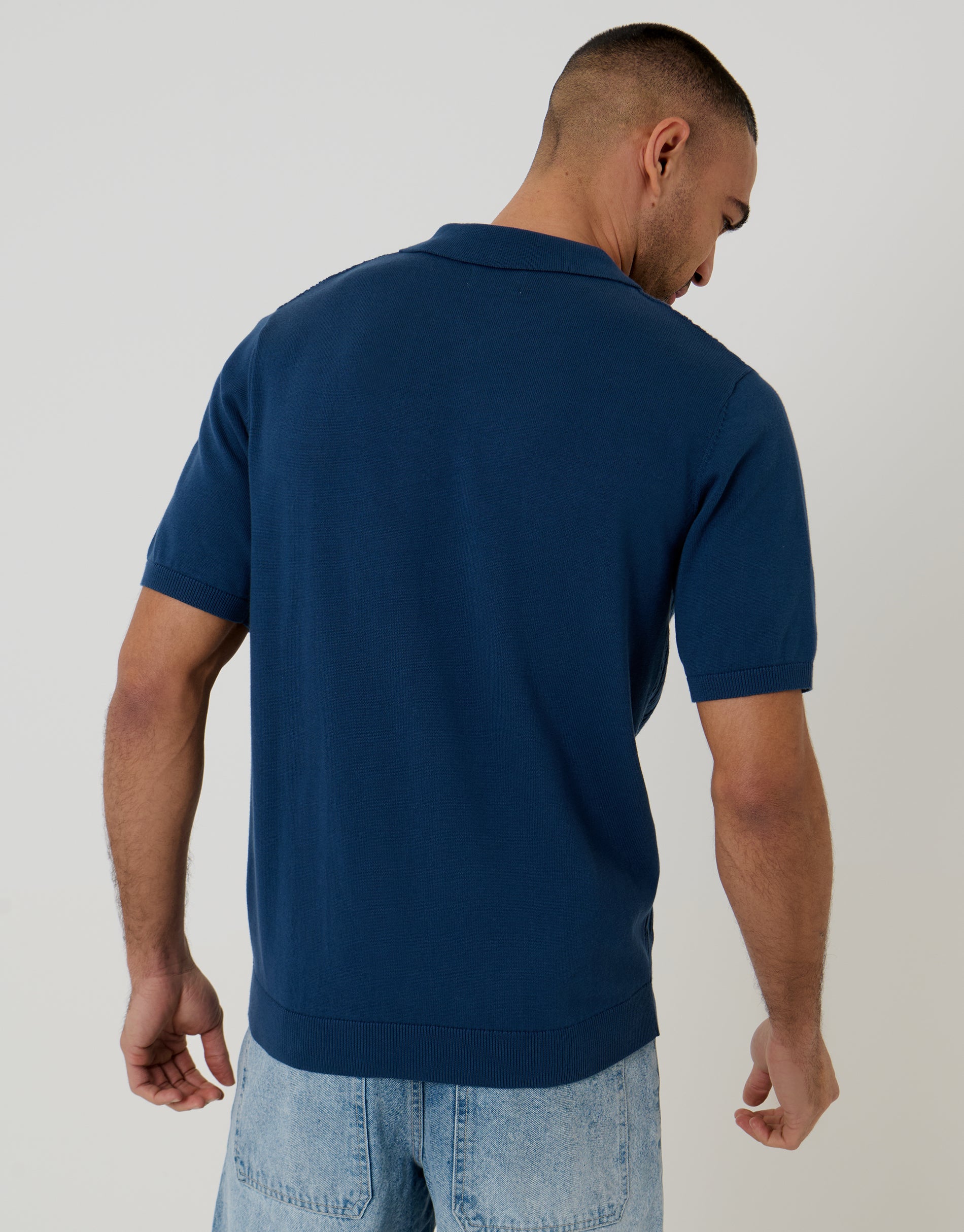 Diamond Cable Knit Quarter Zip Polo in Denim Blue - Image 2