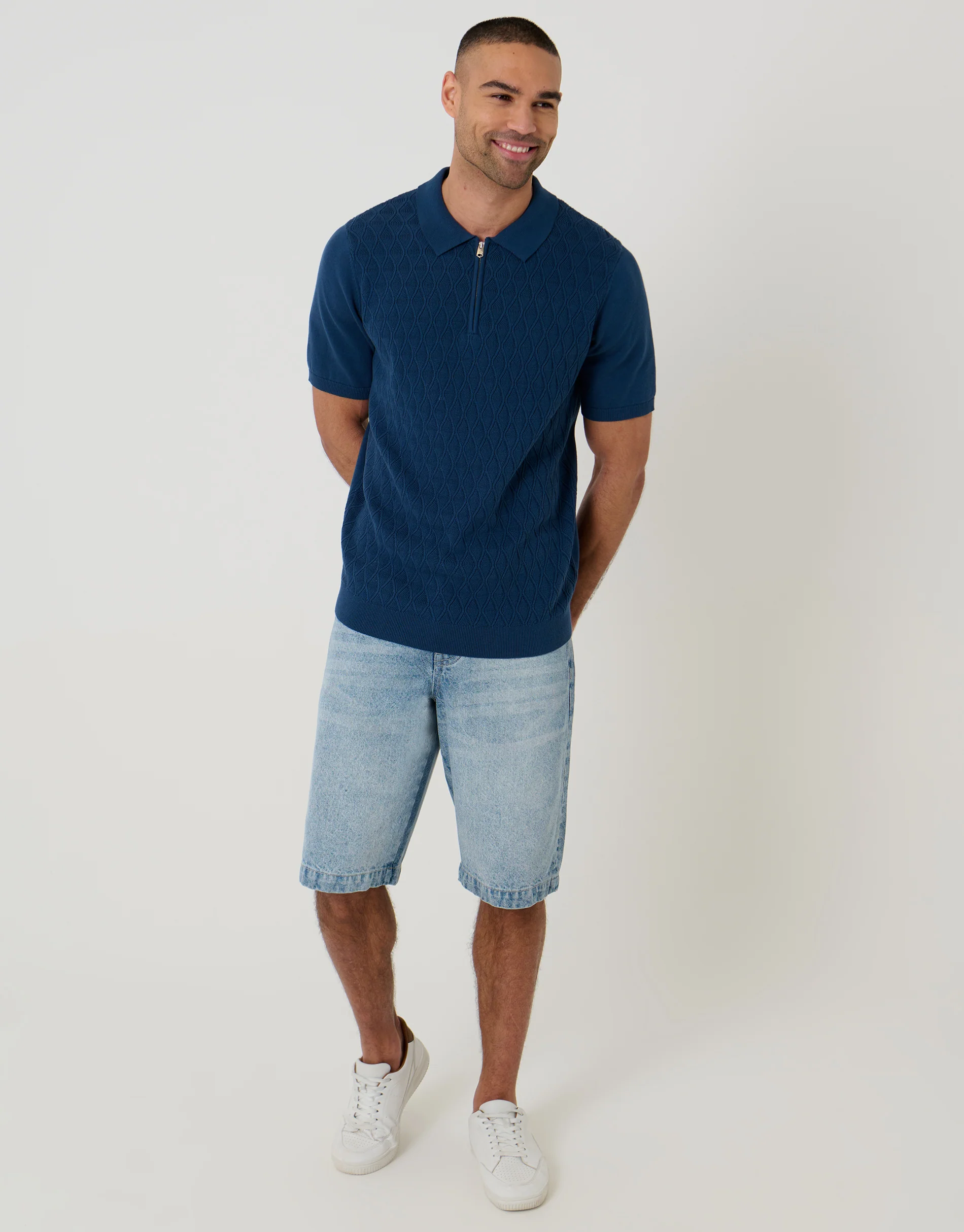 Diamond Cable Knit Quarter Zip Polo in Denim Blue - Image 3