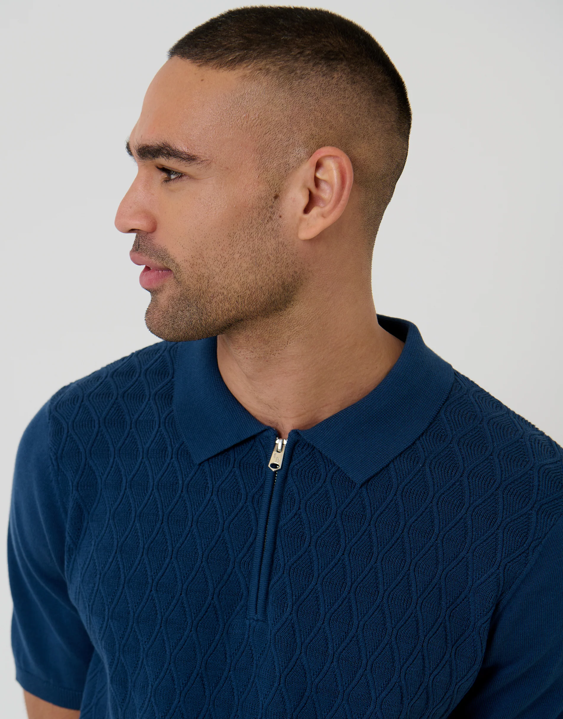Diamond Cable Knit Quarter Zip Polo in Denim Blue - Image 4