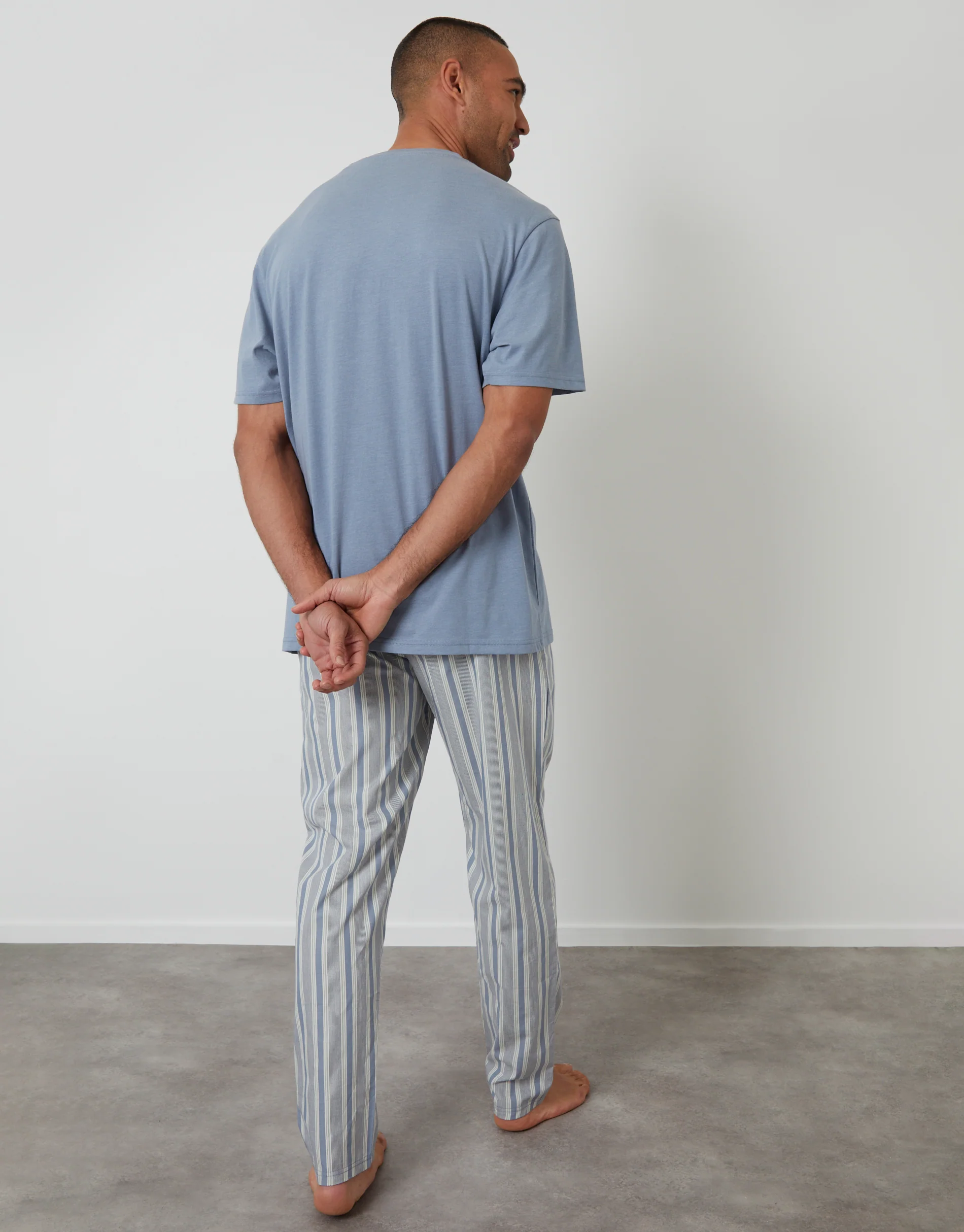 T-Shirt & Bottoms Pyjama Set in Denim Blue & Ecru Stripe - Image 2
