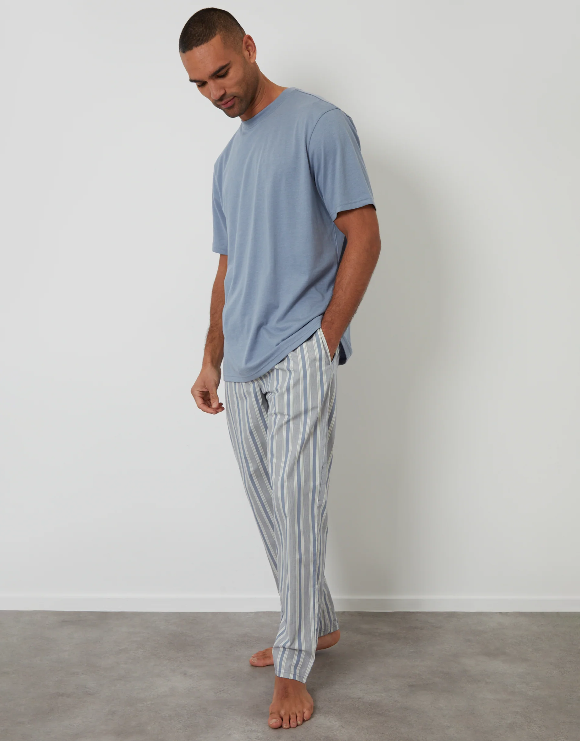 T-Shirt & Bottoms Pyjama Set in Denim Blue & Ecru Stripe - Image 3