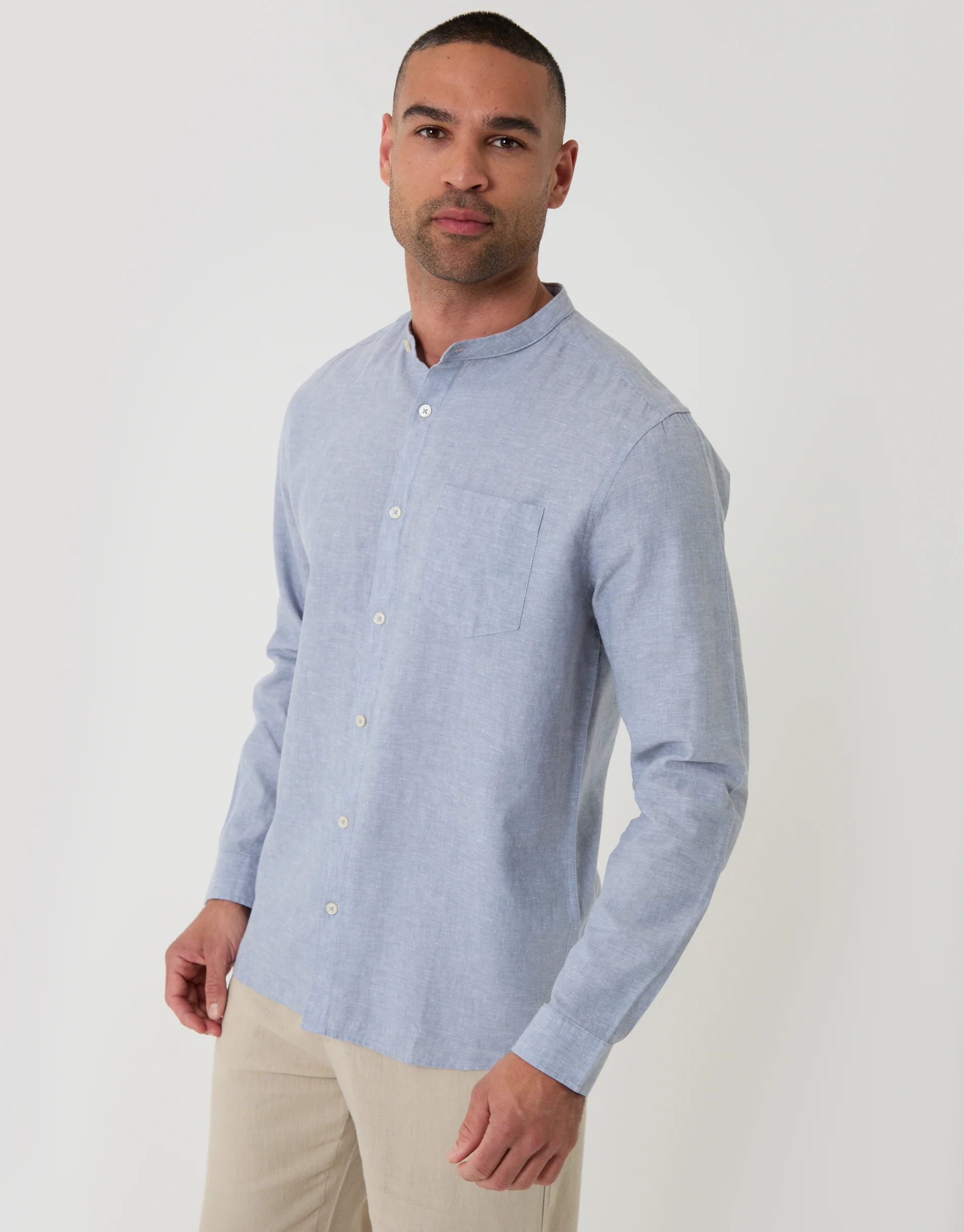 Grandad Collar Linen Blend Long Sleeve Shirt in Denim Blue