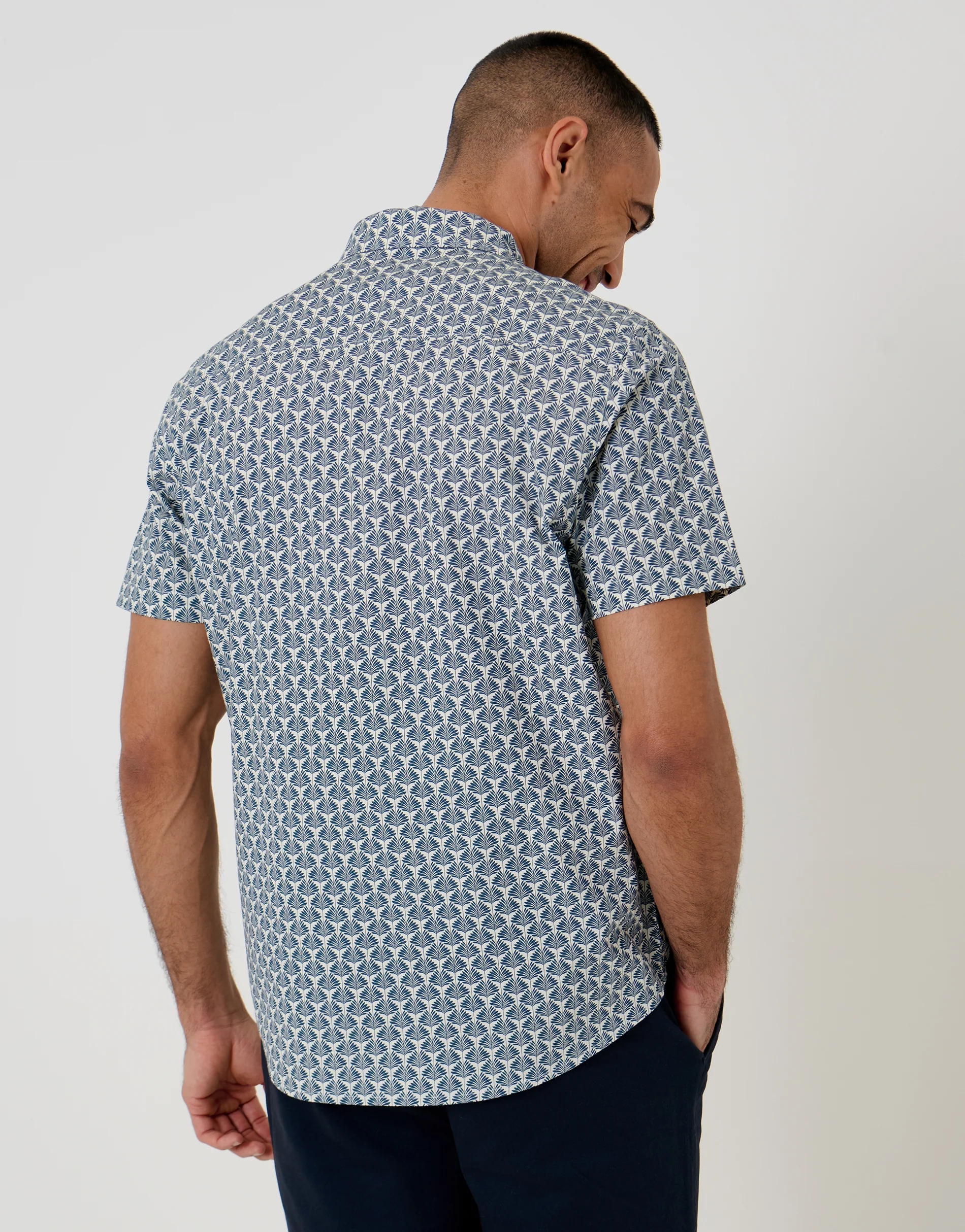 Linear Leaf Print Cotton Short Sleeve Shirt in Denim Blue - Image 2