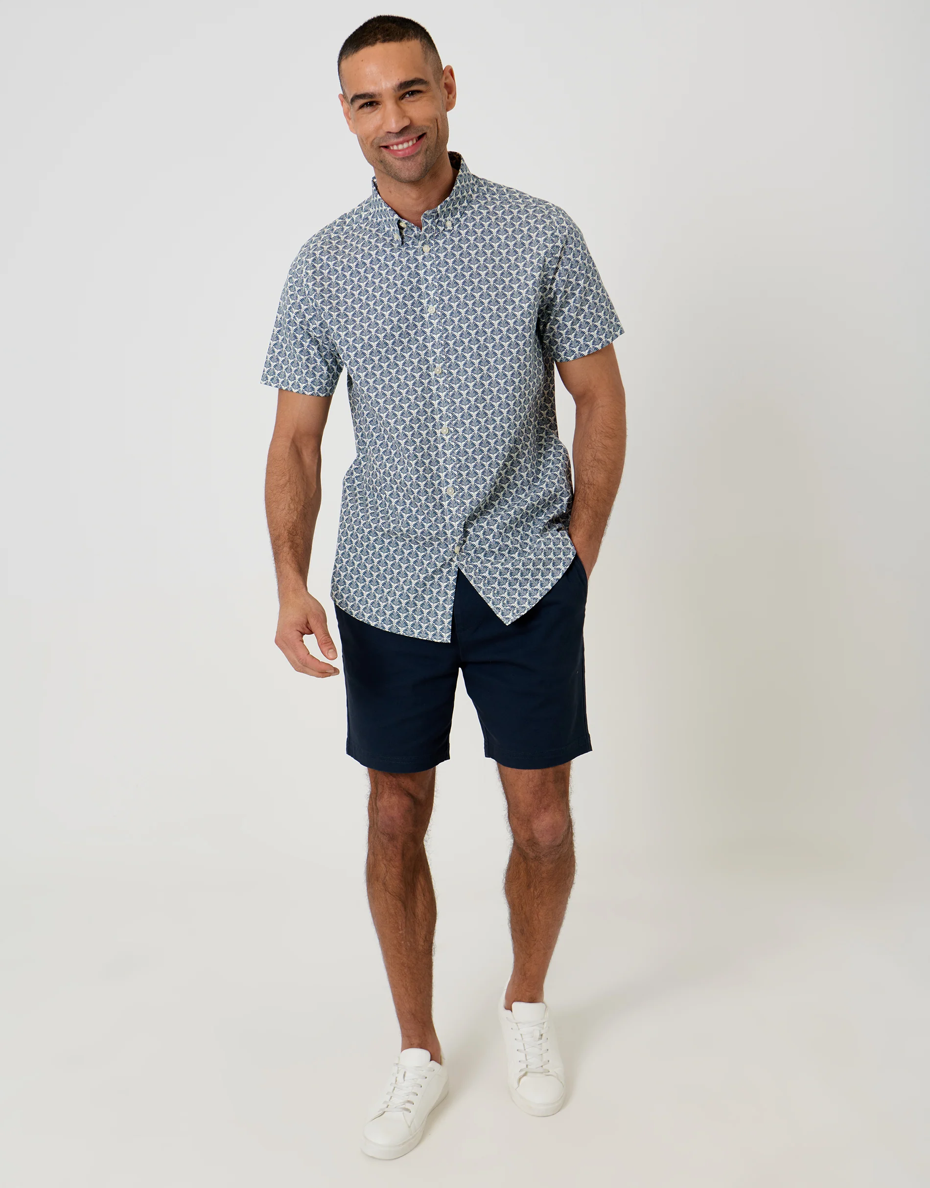 Linear Leaf Print Cotton Short Sleeve Shirt in Denim Blue - Image 3