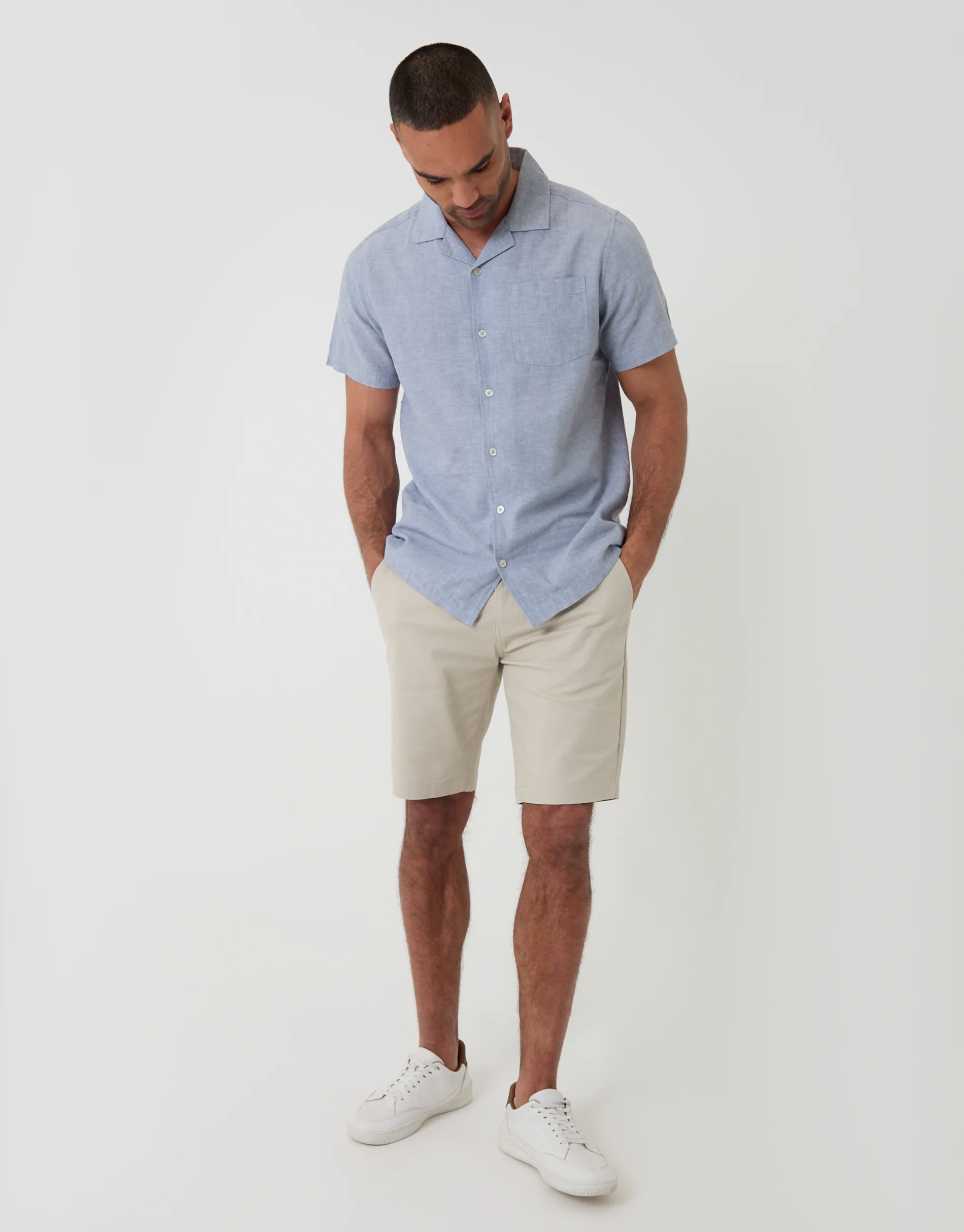 Linen Cotton Blend Short Sleeve Shirt in Denim Blue - Image 3