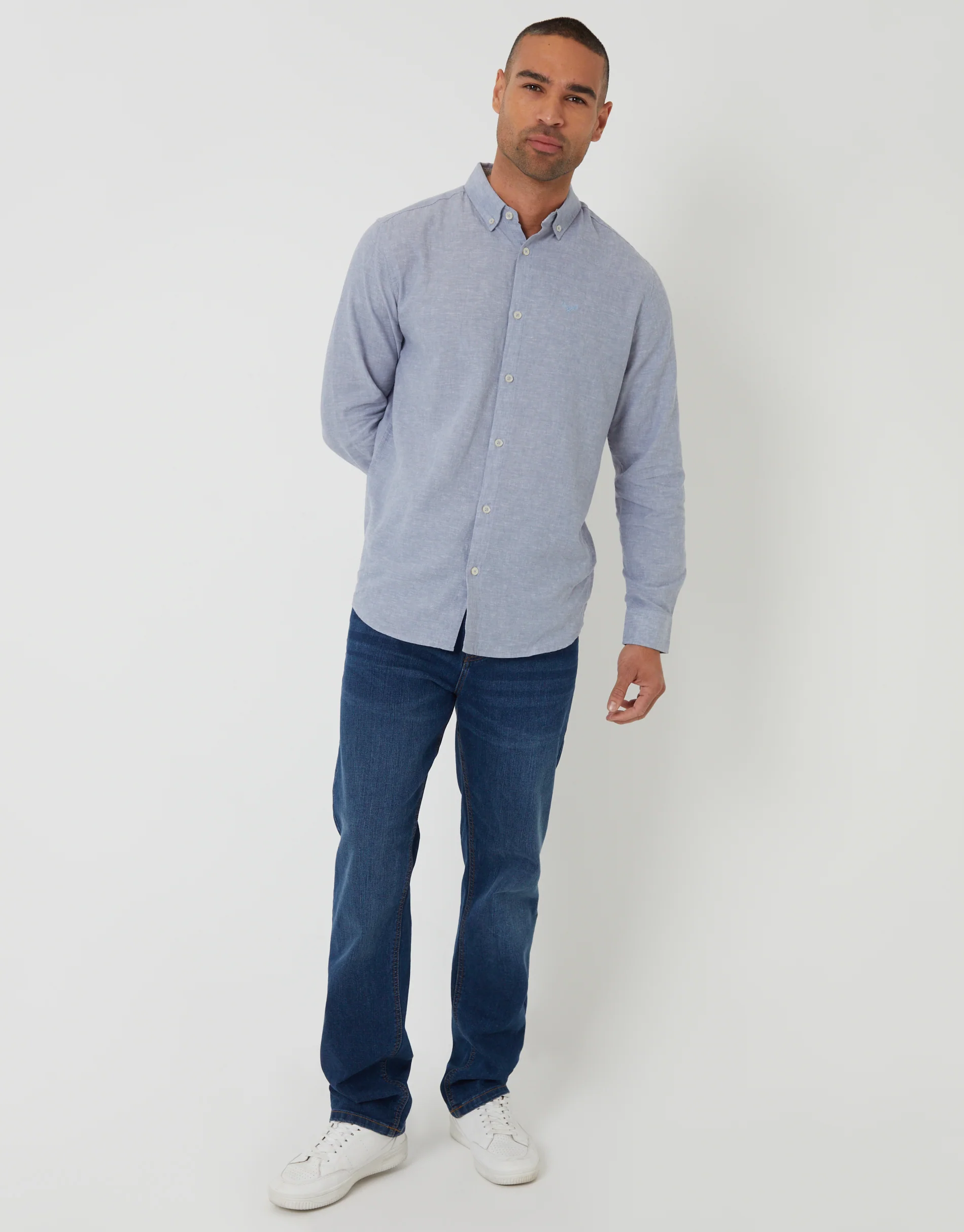 Long Sleeve Linen Blend Shirt in Denim Blue - Image 3