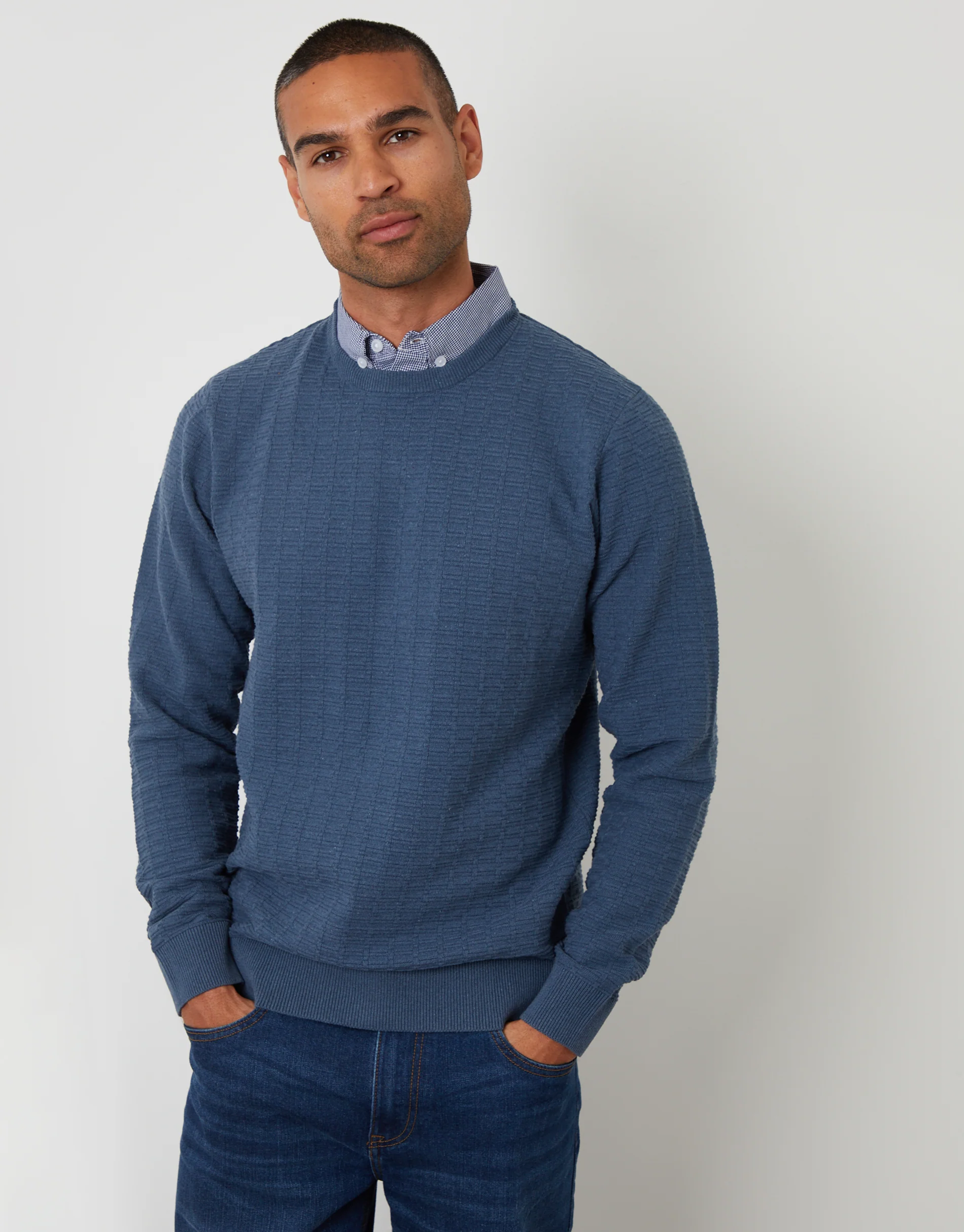 Mock Shirt Textured Knitted Jumper in Denim Blue
