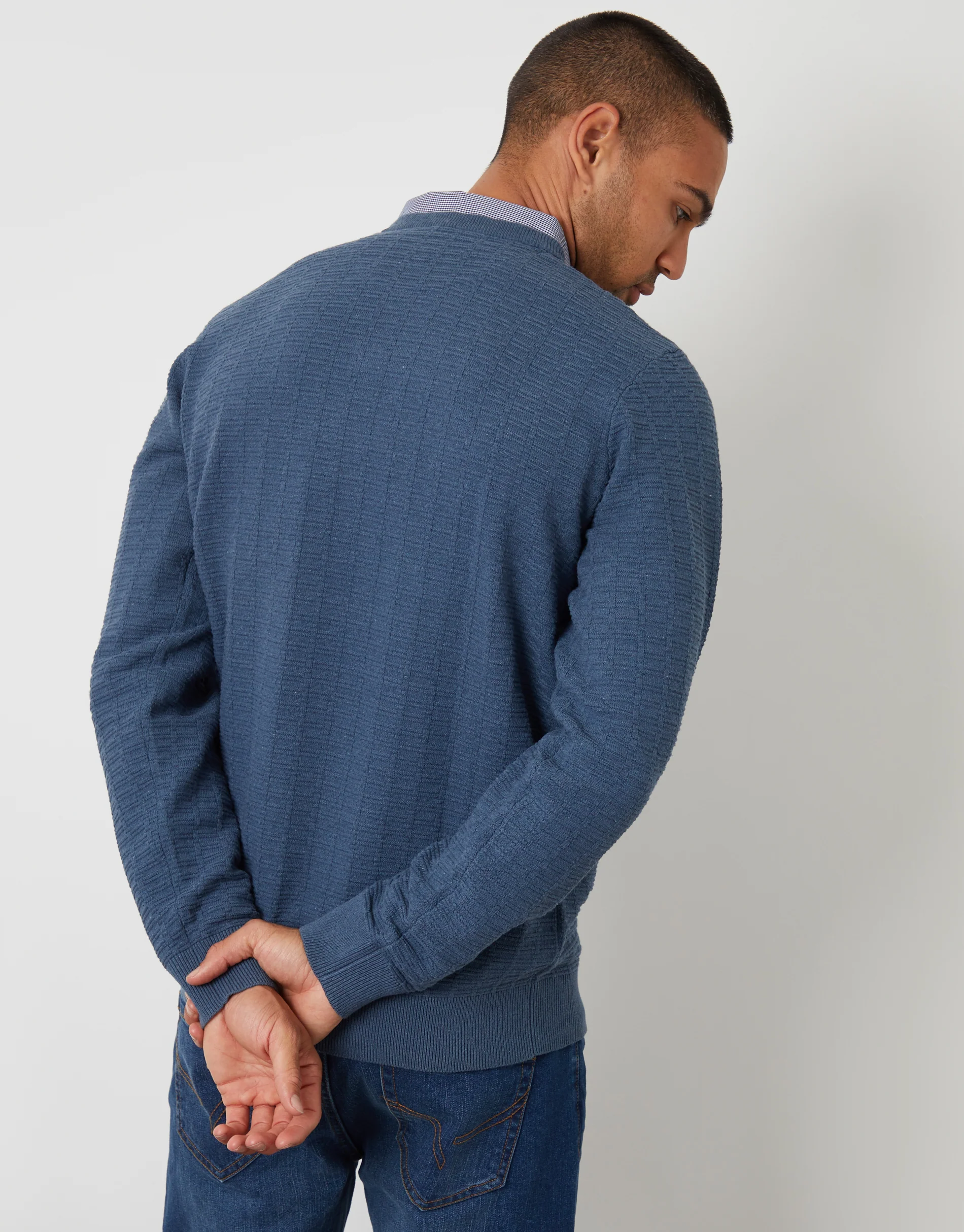Mock Shirt Textured Knitted Jumper in Denim Blue - Image 2