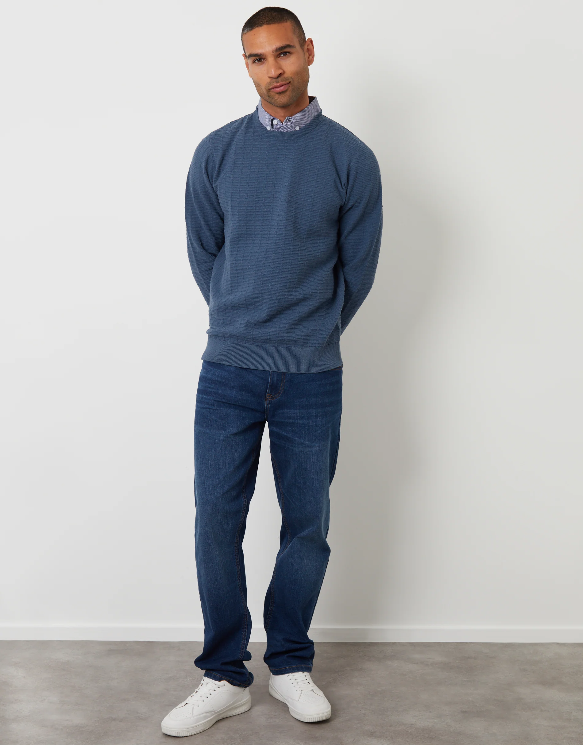 Mock Shirt Textured Knitted Jumper in Denim Blue - Image 3