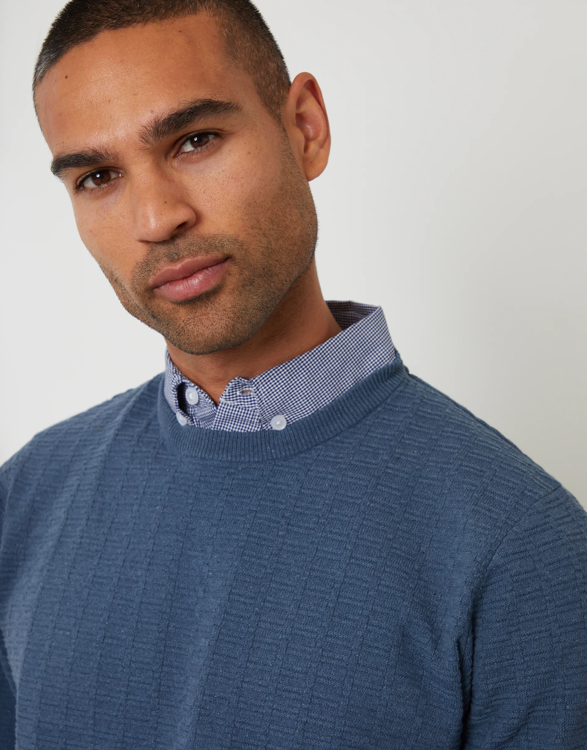 Mock Shirt Textured Knitted Jumper in Denim Blue - Image 4