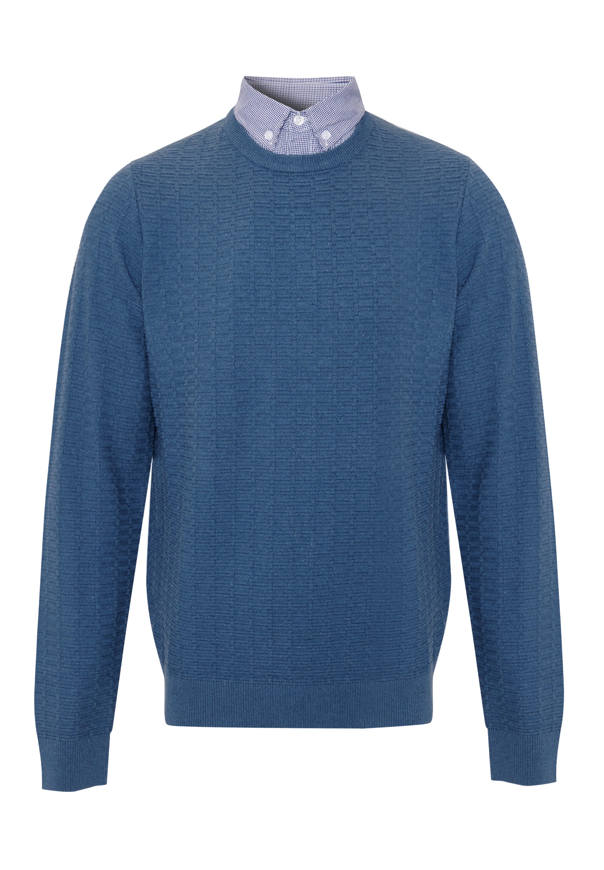 Mock Shirt Textured Knitted Jumper in Denim Blue - Image 7