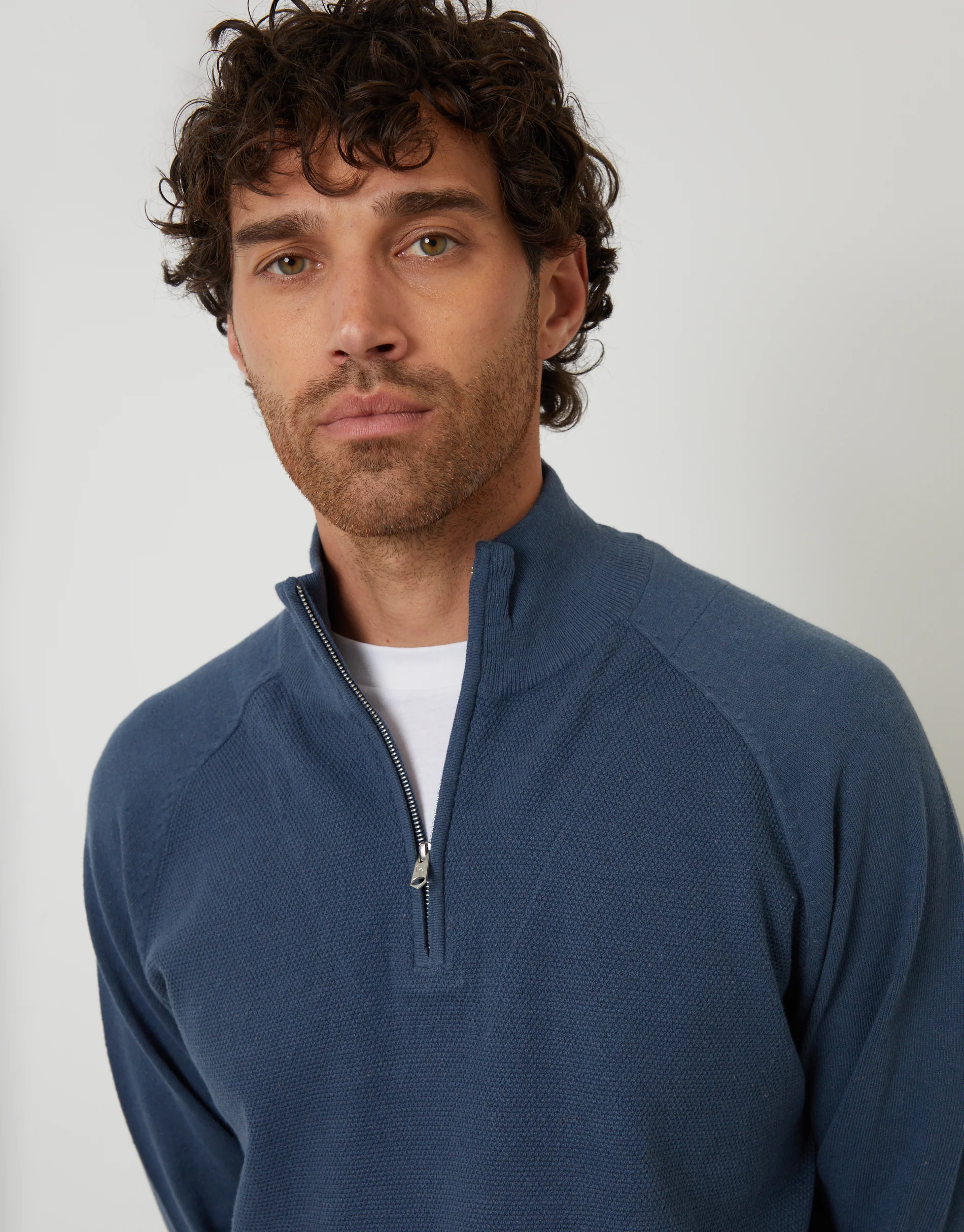 Mock Tee Textured Knit Quarter Zip Jumper in Denim Blue - Image 4