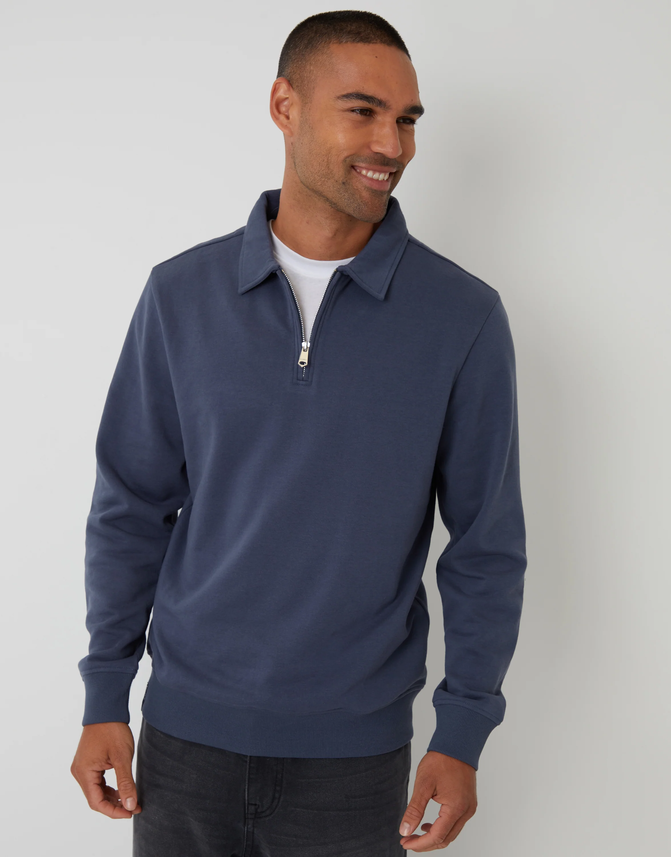 Quarter Zip Collared Sweatshirt in Denim Blue