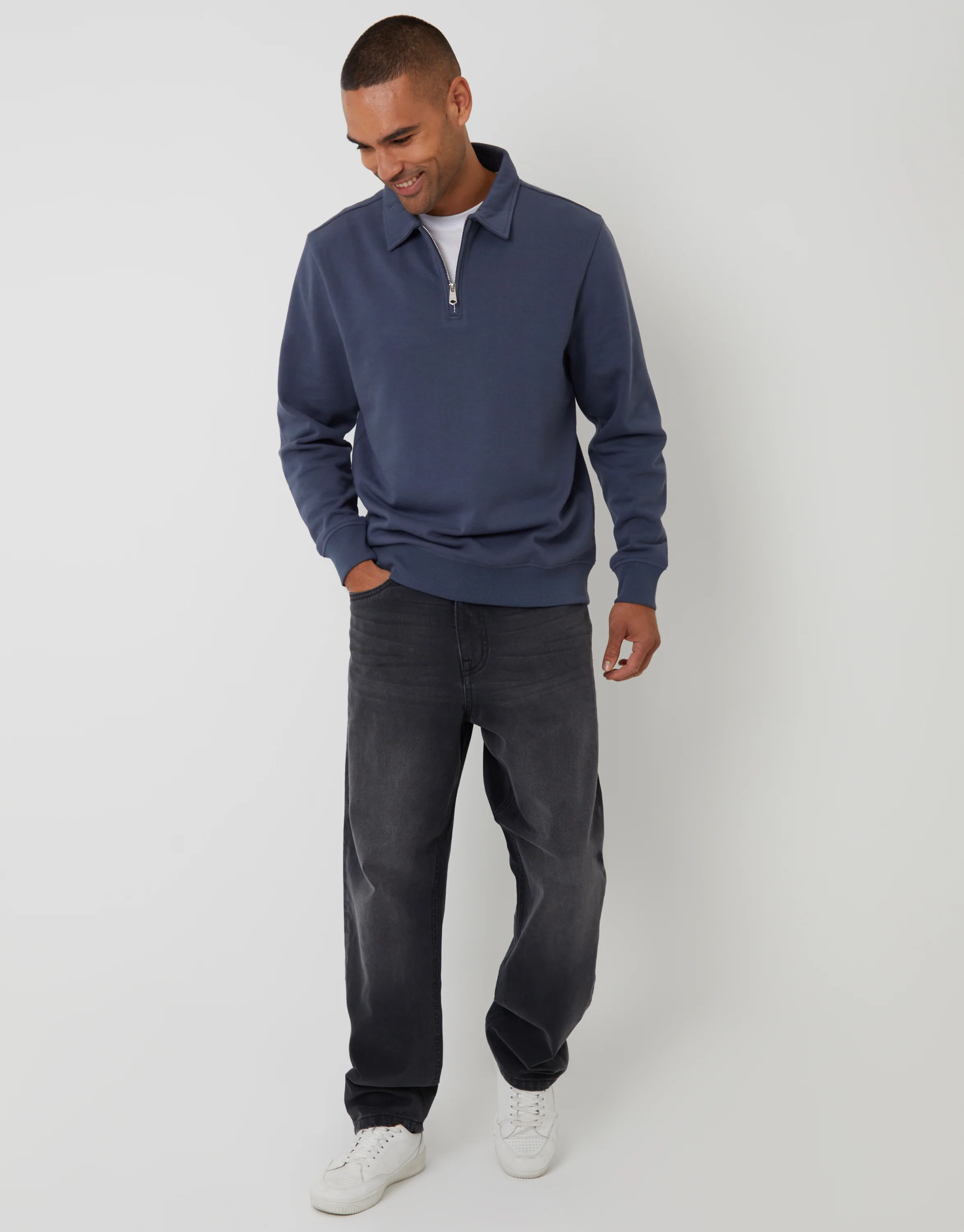 Quarter Zip Collared Sweatshirt in Denim Blue - Image 3
