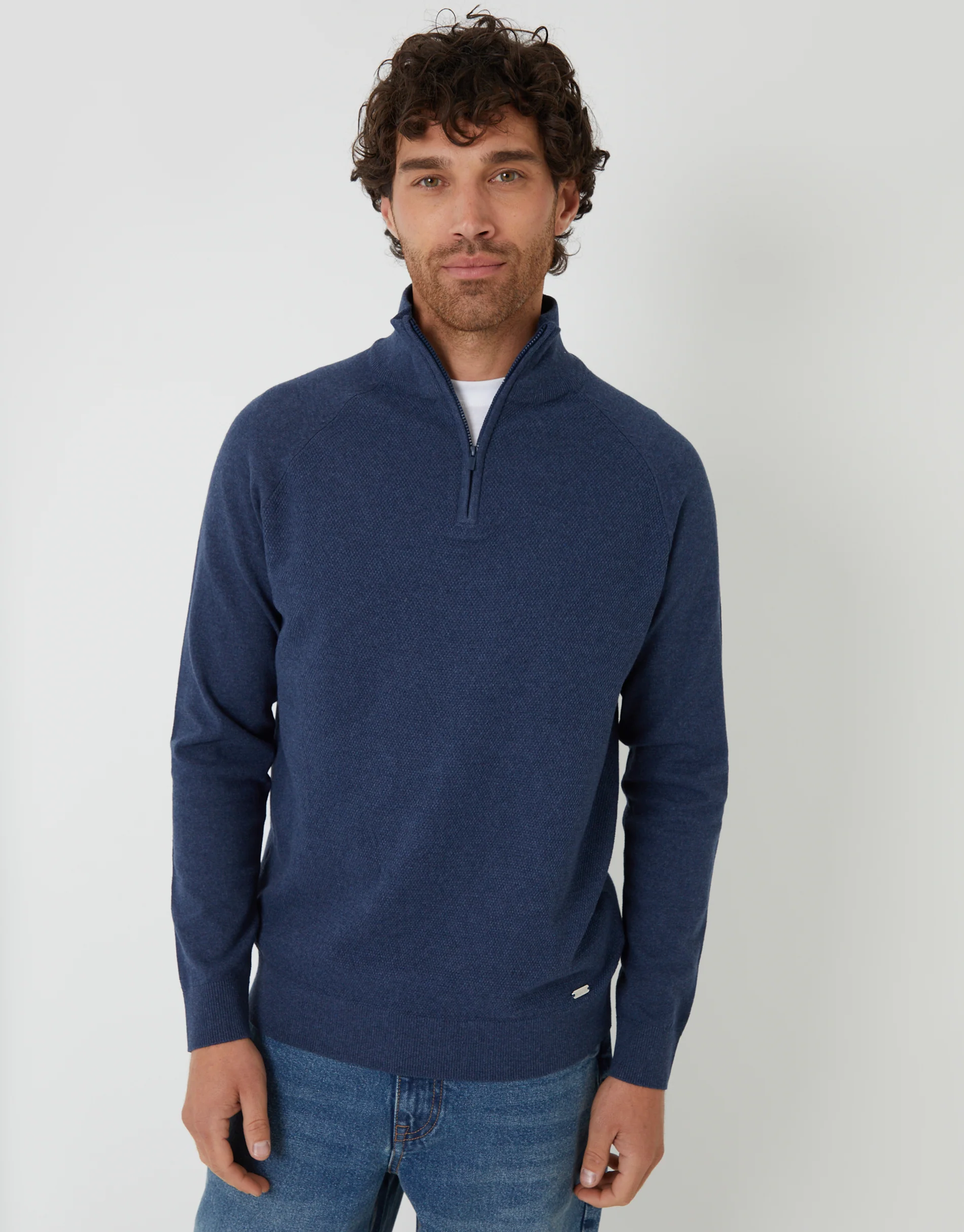 Raglan Knitted Quarter Zip Jumper in Denim Blue